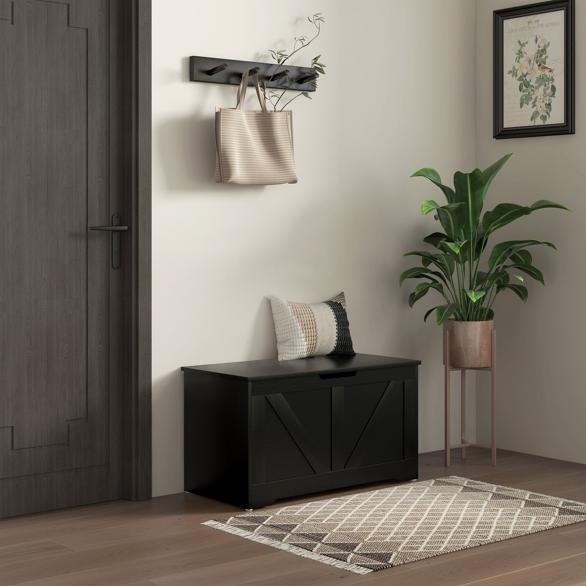 HOMCOM Storage Chest, Storage Trunk with 2 Safety Hinges and U-shaped Cut-out Pull, Wooden Box for Living Room, Entryway, 31.5