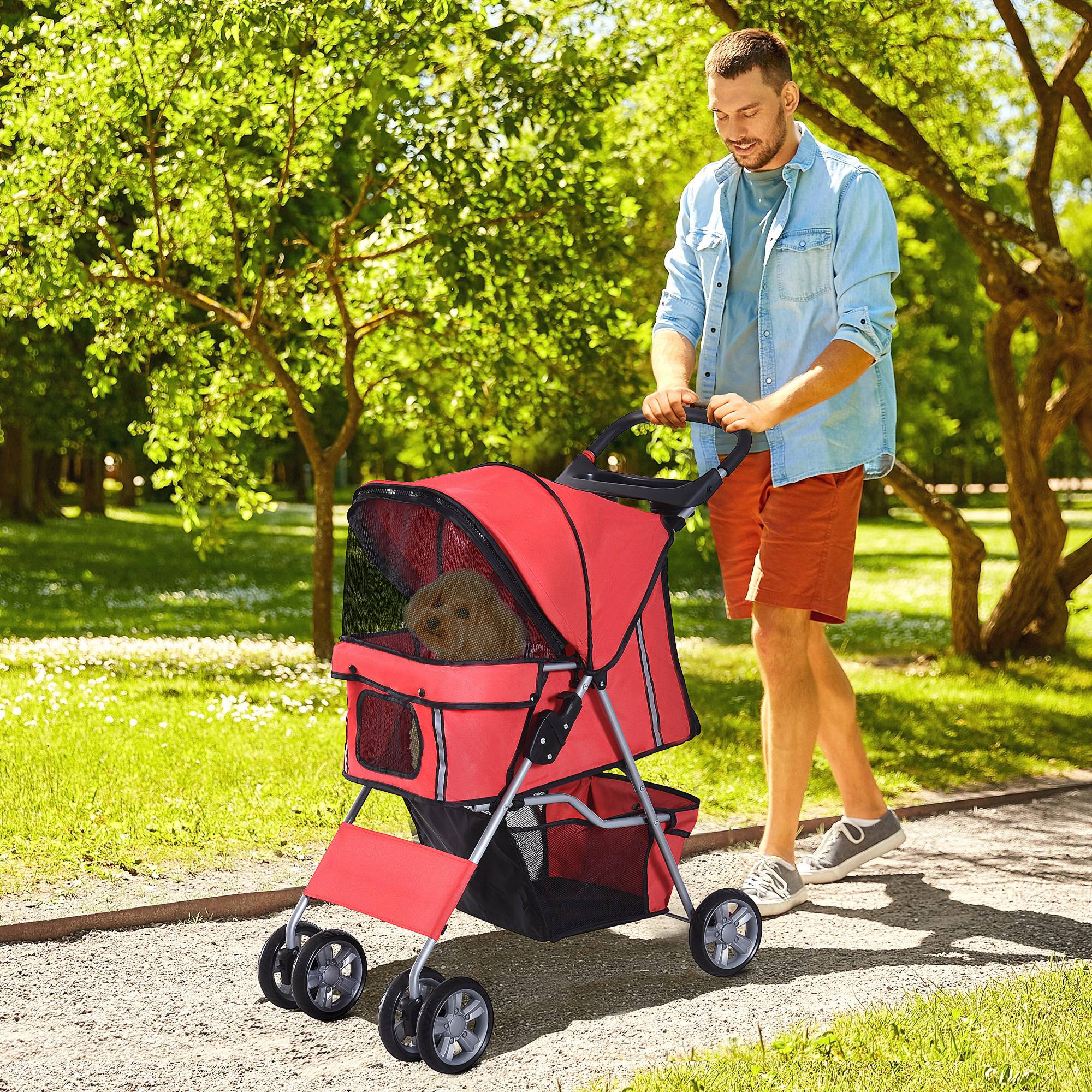 PawHut Pet Stroller for Small Miniature Dogs Cats Foldable Travel Carriage with Wheels Zipper Entry Cup Holder Storage Basket Red