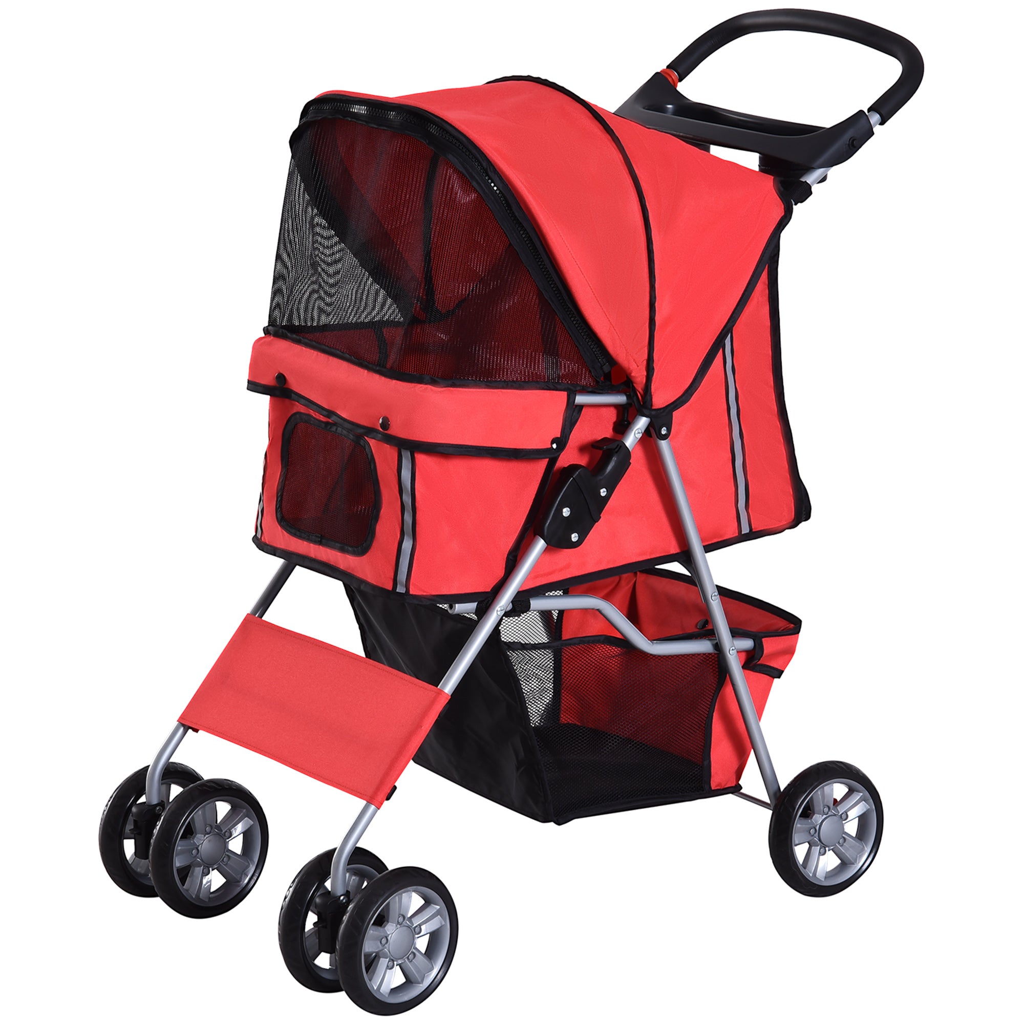 PawHut Pet Stroller for Small Miniature Dogs Cats Foldable Travel Carriage with Wheels Zipper Entry Cup Holder Storage Basket Red