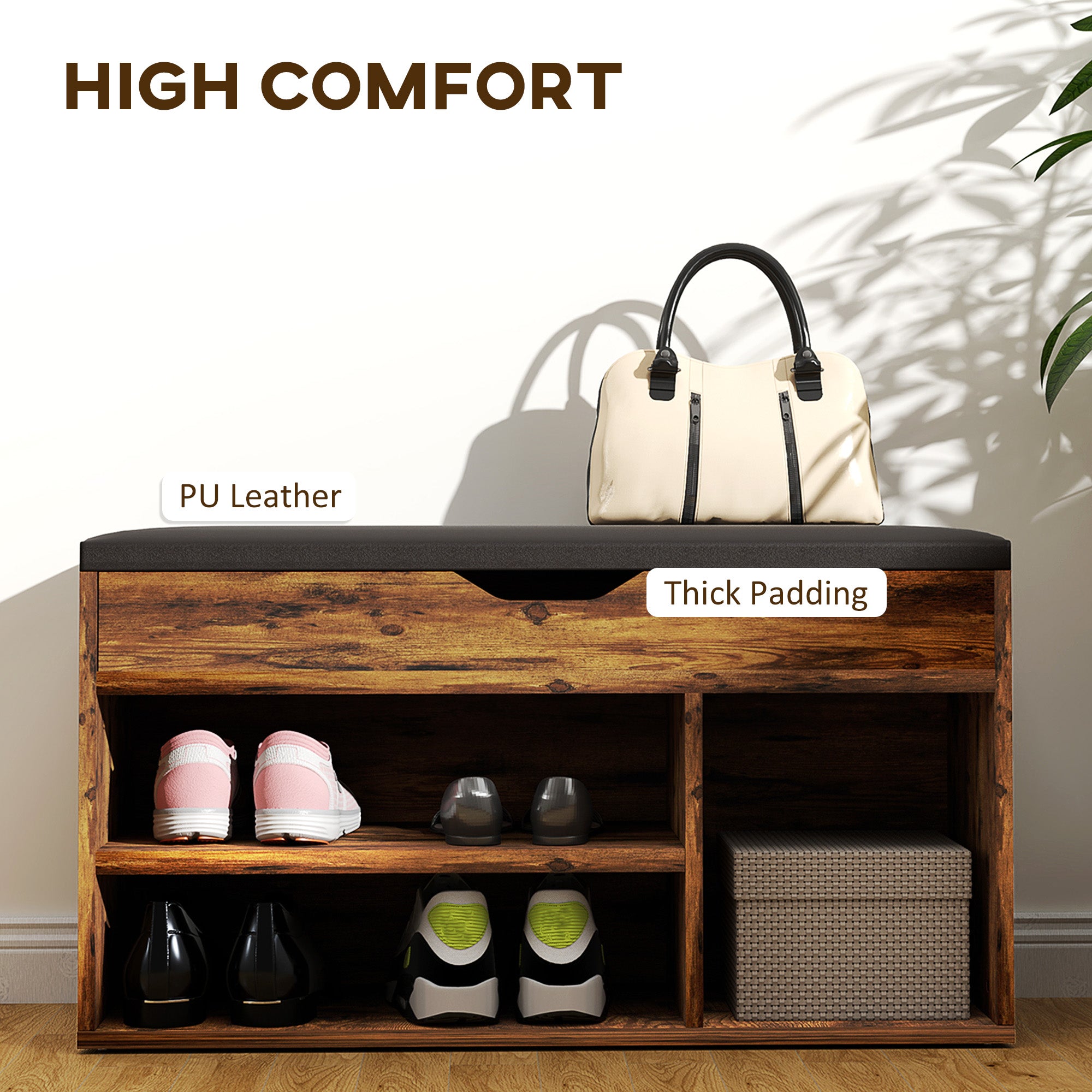 HOMCOM Shoe Bench Entryway Storage Rack with Padded Cushion PU Cover Hidden Storage for Hallway Living Room Bedroom, Rustic Brown