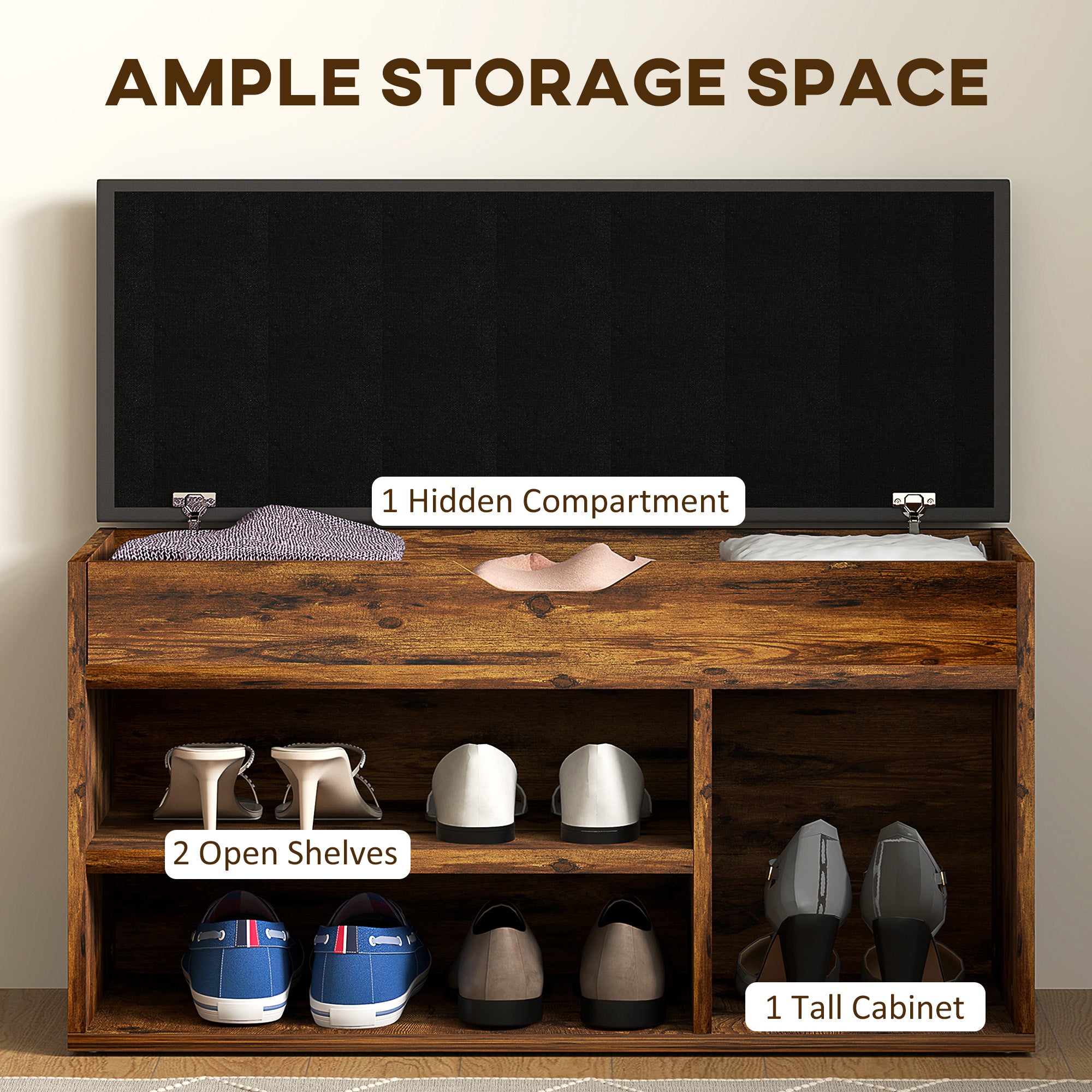 HOMCOM Shoe Bench Entryway Storage Rack with Padded Cushion PU Cover Hidden Storage for Hallway Living Room Bedroom, Rustic Brown