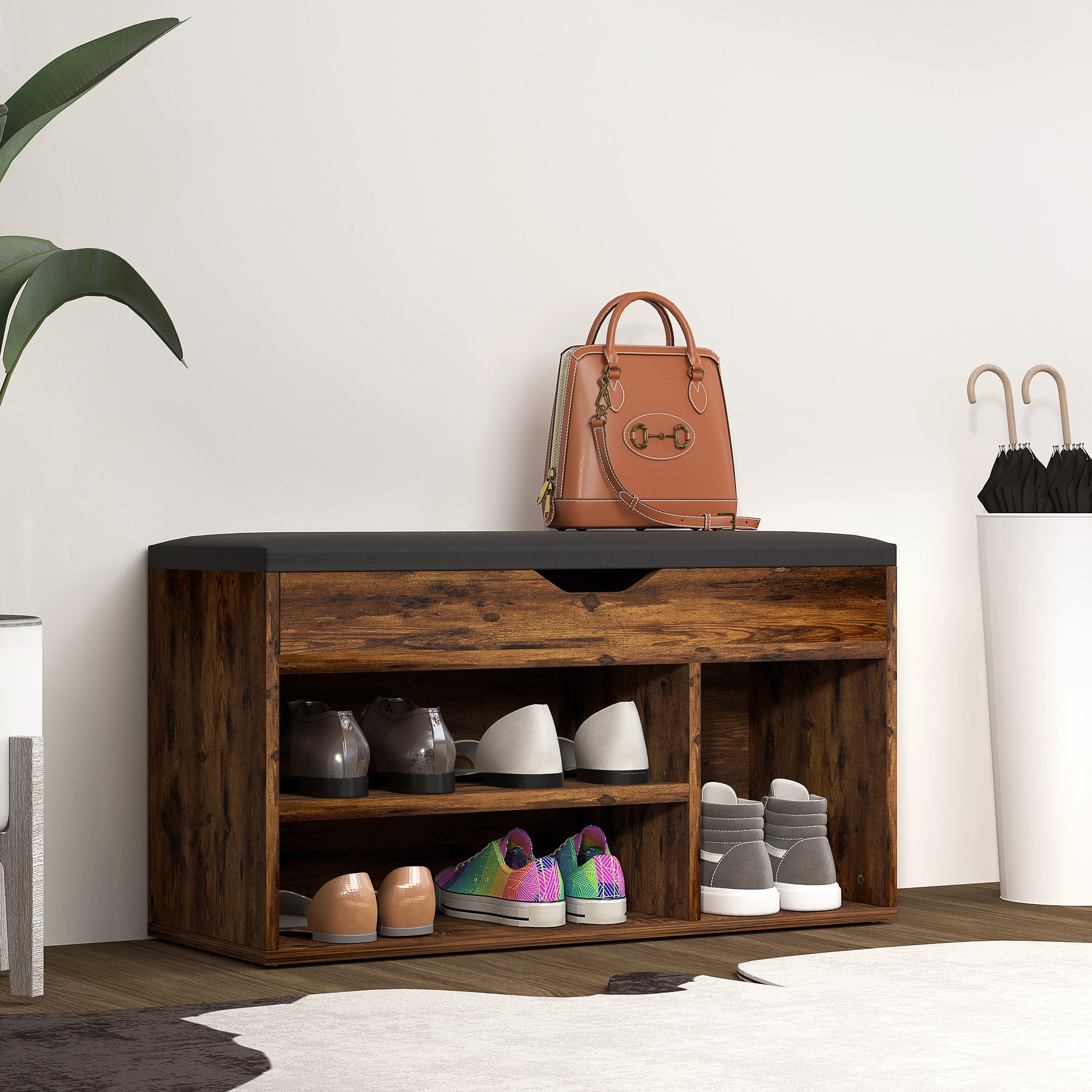 HOMCOM Shoe Bench Entryway Storage Rack with Padded Cushion PU Cover Hidden Storage for Hallway Living Room Bedroom, Rustic Brown