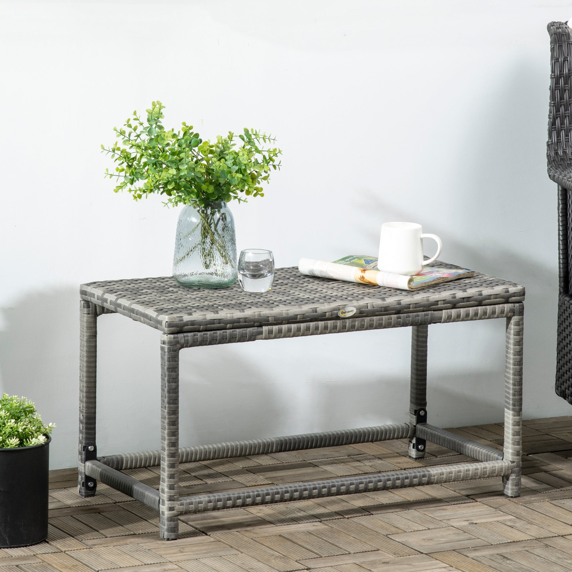 Outsunny Patio Wicker End Table, Outdoor PE Rattan Side Table, with Plastic Board Under the Full Woven Table Top for Patio, Garden, Balcony, Mixed Grey