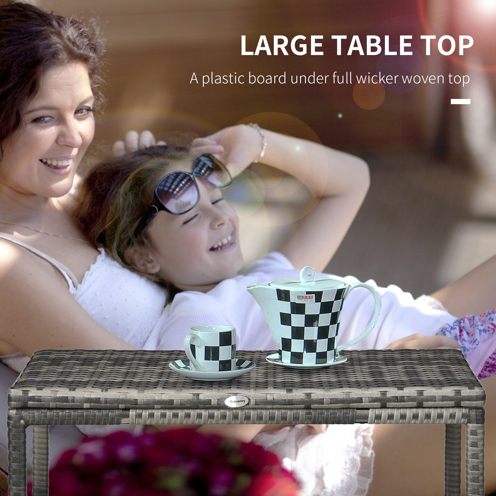 Outsunny Patio Wicker End Table, Outdoor PE Rattan Side Table, with Plastic Board Under the Full Woven Table Top for Patio, Garden, Balcony, Mixed Grey