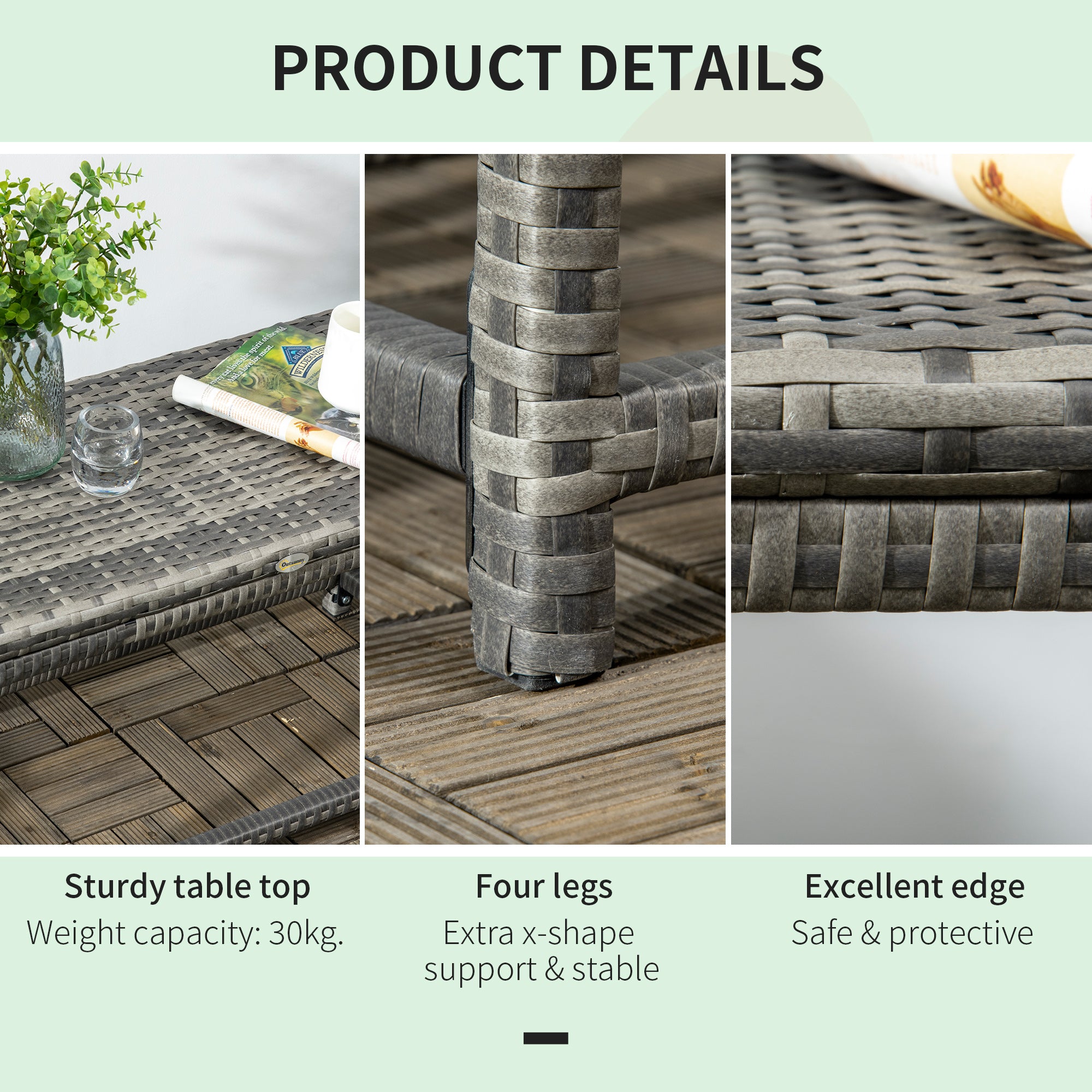 Outsunny Patio Wicker End Table, Outdoor PE Rattan Side Table, with Plastic Board Under the Full Woven Table Top for Patio, Garden, Balcony, Mixed Grey