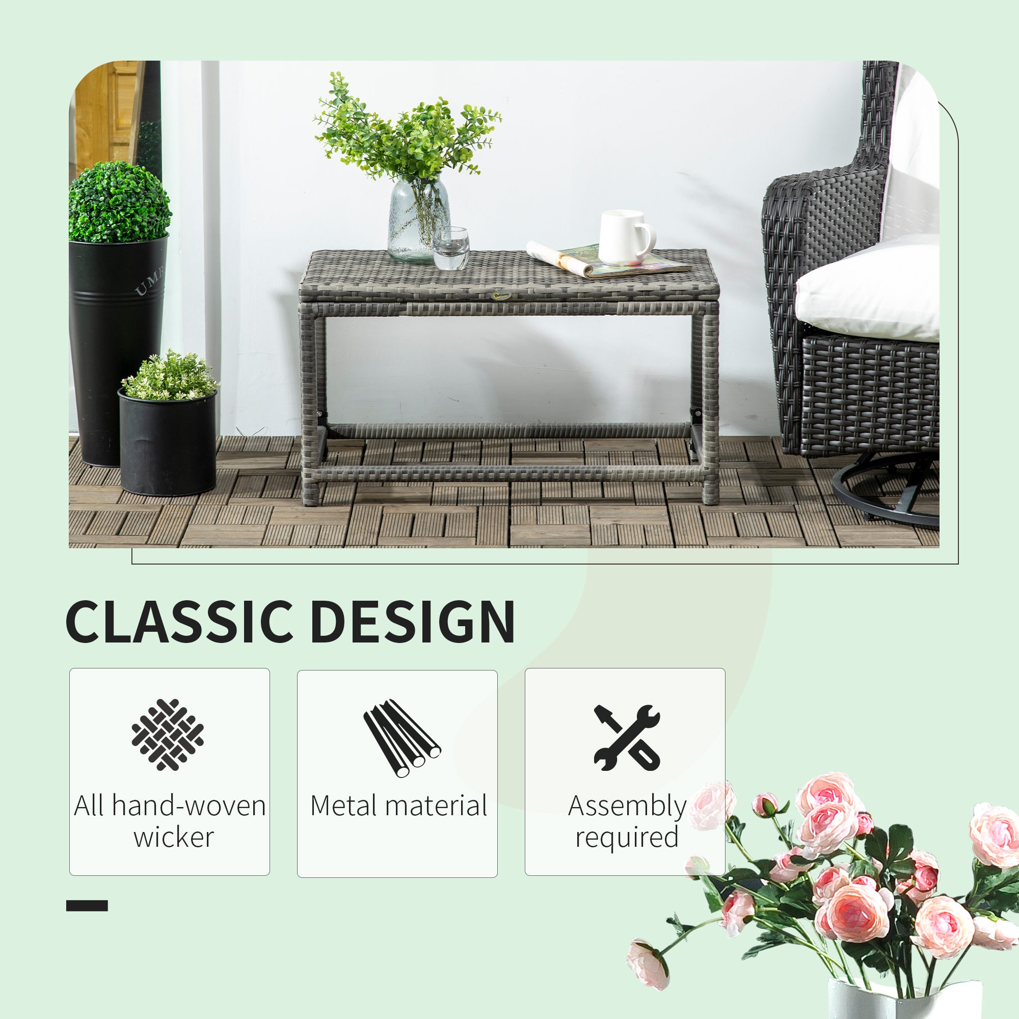 Outsunny Patio Wicker End Table, Outdoor PE Rattan Side Table, with Plastic Board Under the Full Woven Table Top for Patio, Garden, Balcony, Mixed Grey