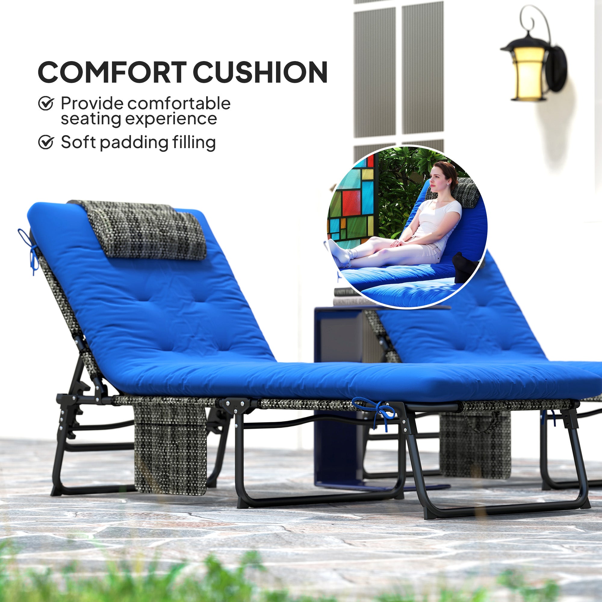 Outsunny 2 Pieces Folding Lounge Chairs with 4-level Reclining Back, Tanning Chair with Cushion, Sun Lounger with Breathable Mesh Fabric, Side Pocket, Headrest, Blue