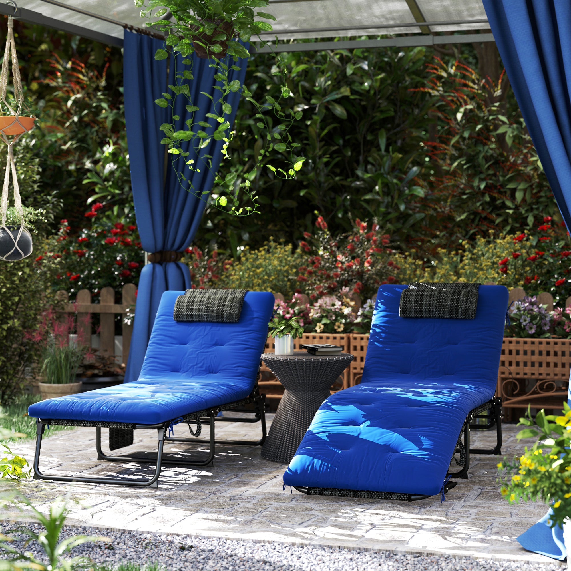 Outsunny 2 Pieces Folding Lounge Chairs with 4-level Reclining Back, Tanning Chair with Cushion, Sun Lounger with Breathable Mesh Fabric, Side Pocket, Headrest, Blue