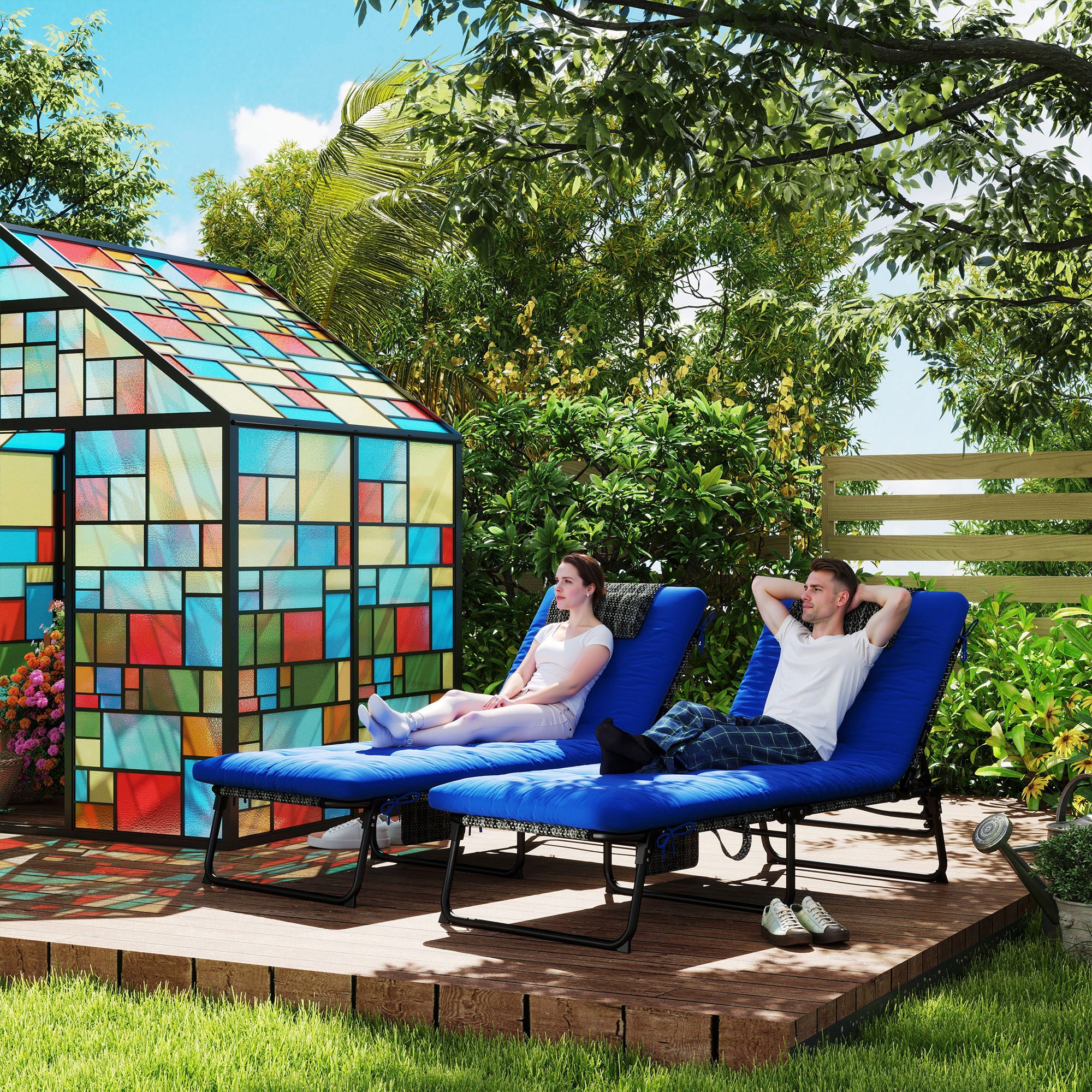 Outsunny 2 Pieces Folding Lounge Chairs with 4-level Reclining Back, Tanning Chair with Cushion, Sun Lounger with Breathable Mesh Fabric, Side Pocket, Headrest, Blue