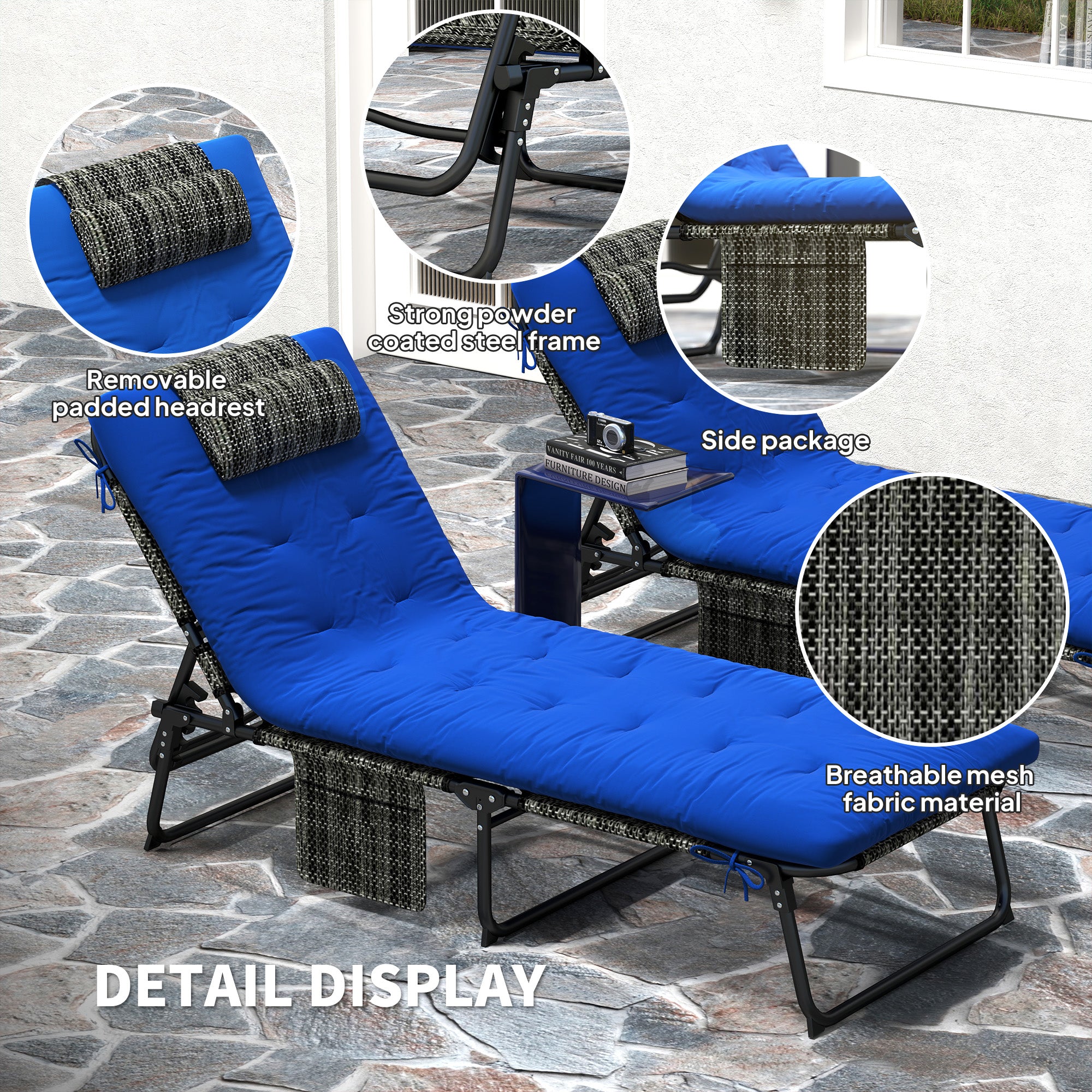 Outsunny 2 Pieces Folding Lounge Chairs with 4-level Reclining Back, Tanning Chair with Cushion, Sun Lounger with Breathable Mesh Fabric, Side Pocket, Headrest, Blue