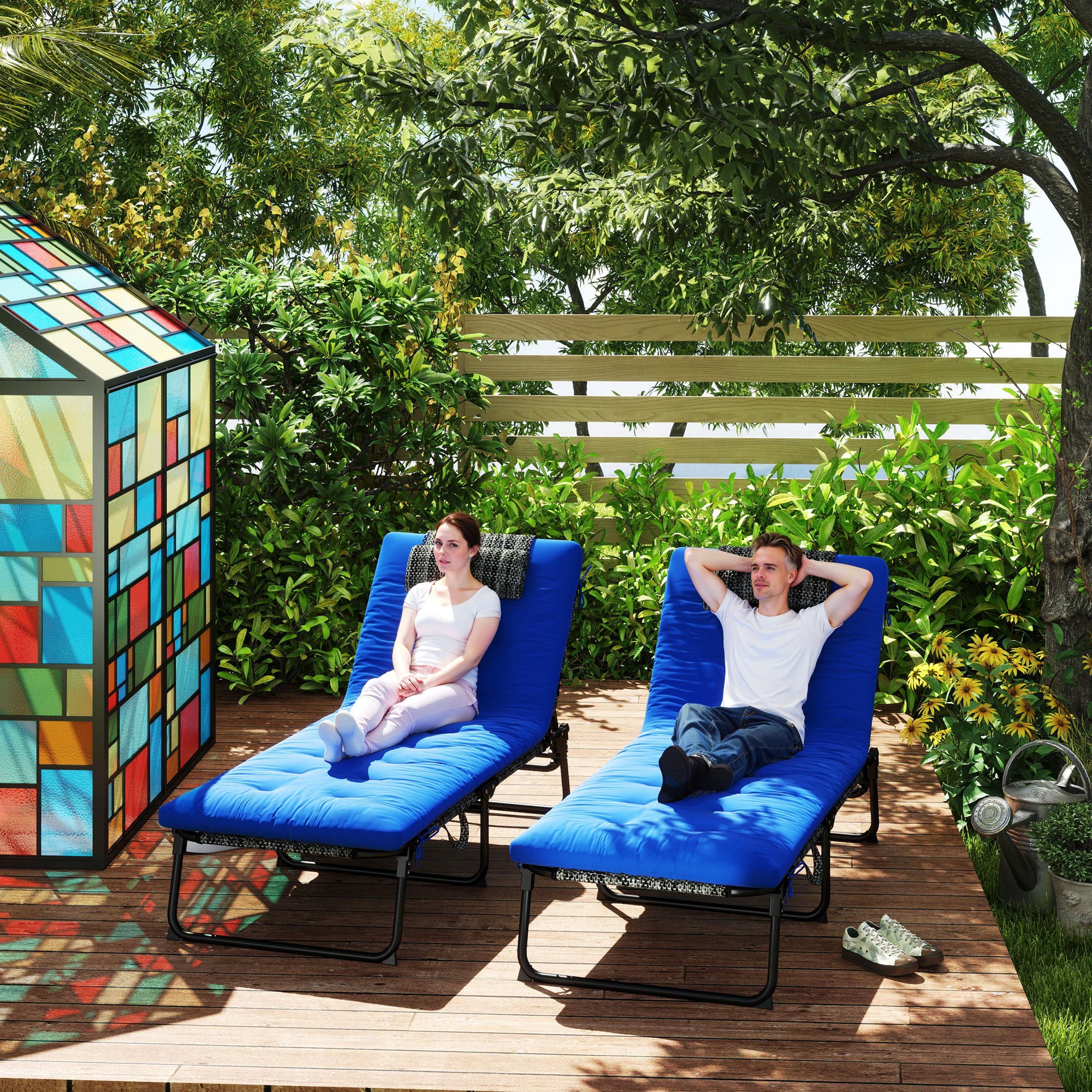 Outsunny 2 Pieces Folding Lounge Chairs with 4-level Reclining Back, Tanning Chair with Cushion, Sun Lounger with Breathable Mesh Fabric, Side Pocket, Headrest, Blue