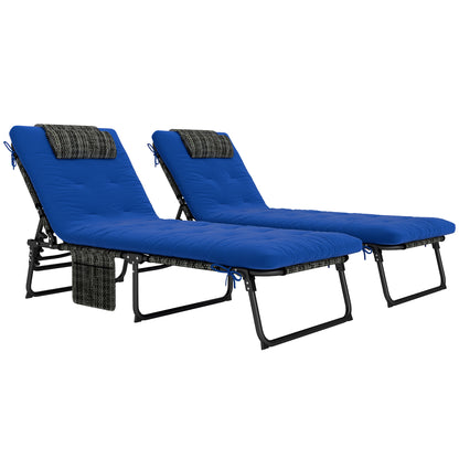 Outsunny 2 Pieces Folding Lounge Chairs with 4-level Reclining Back, Tanning Chair with Cushion, Sun Lounger with Breathable Mesh Fabric, Side Pocket, Headrest, Blue