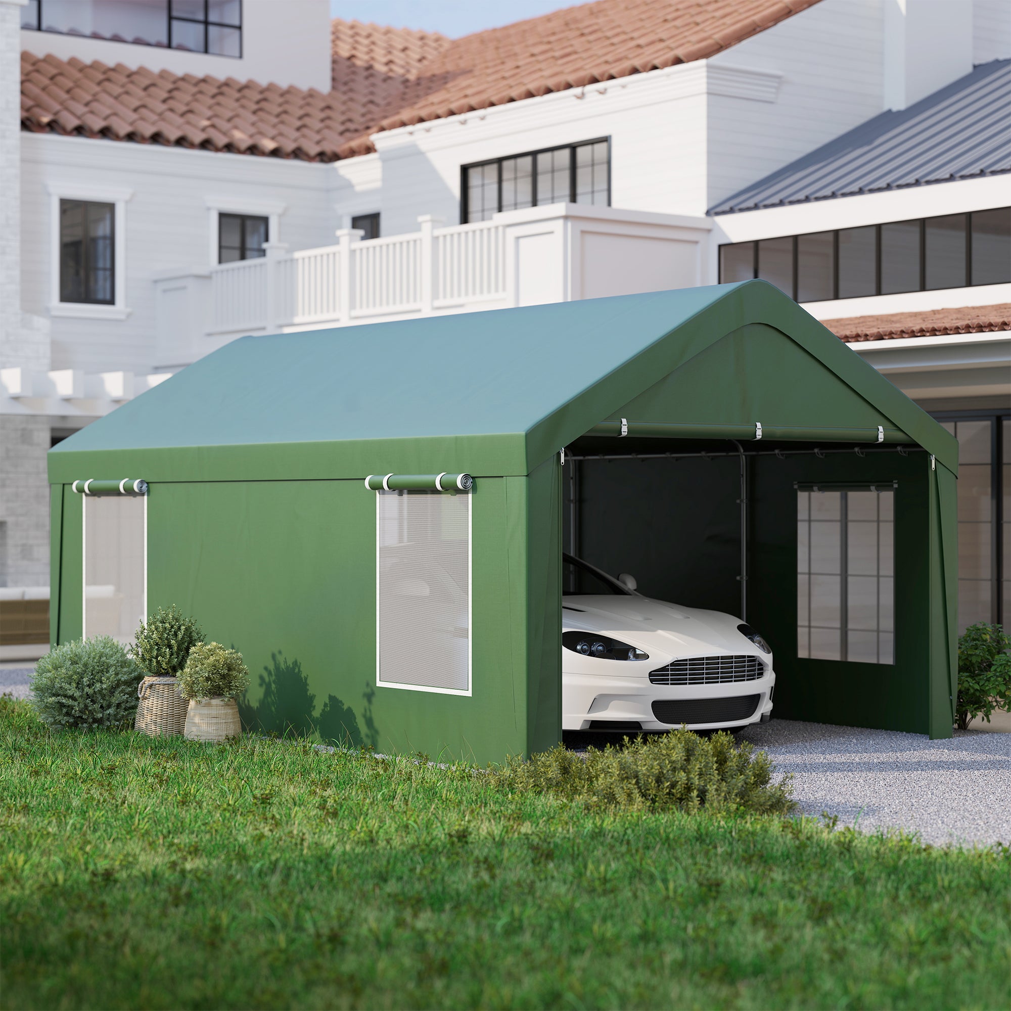 Outsunny Carport, 12 x 20ft Portable Garage with 2 Roll-Up Doors and 4 Windows, Heavy Duty Outdoor Car Shelter with Removable Sidewalls for Car, Truck, Garden Tools, Dark Green