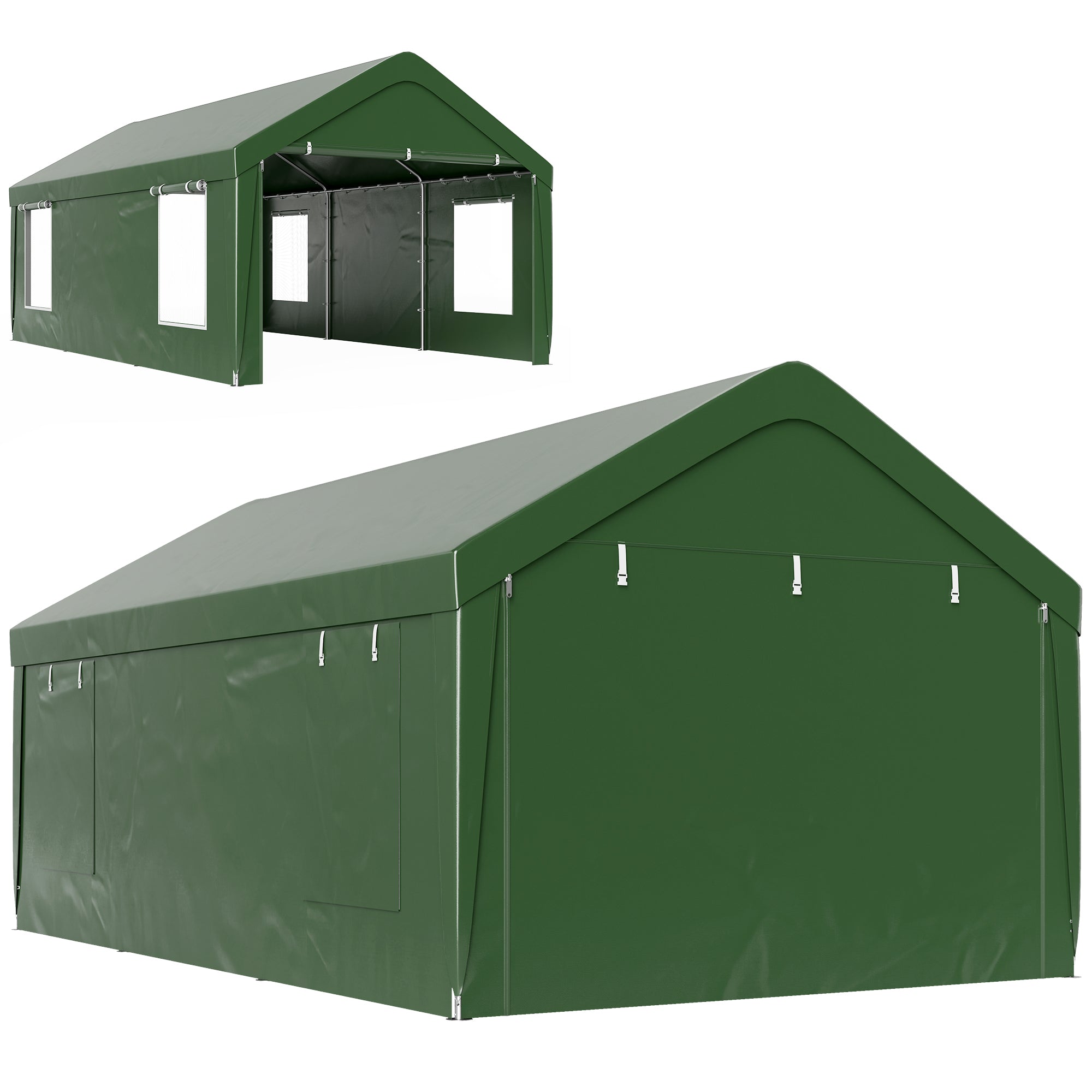 Outsunny Carport, 12 x 20ft Portable Garage with 2 Roll-Up Doors and 4 Windows, Heavy Duty Outdoor Car Shelter with Removable Sidewalls for Car, Truck, Garden Tools, Dark Green