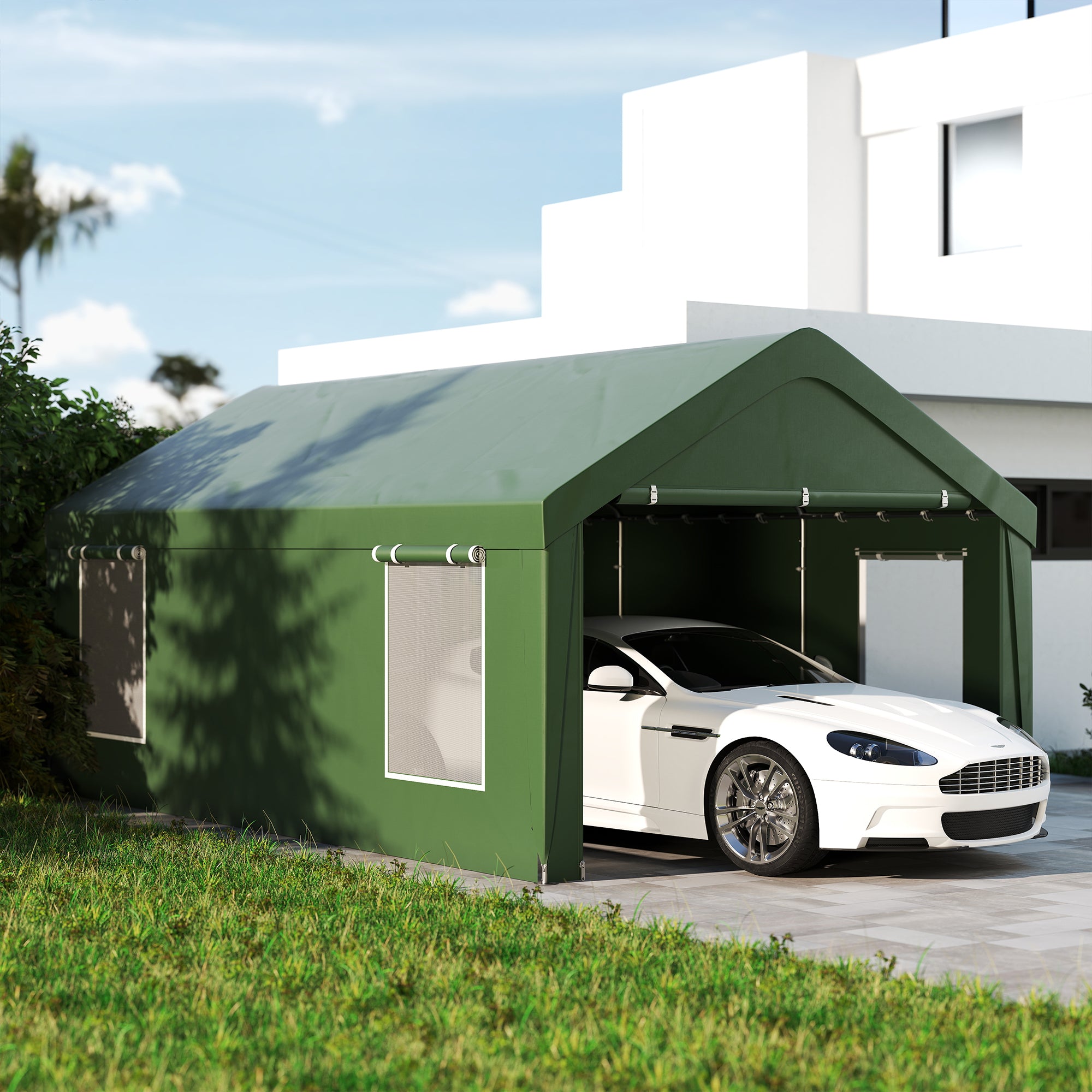 Outsunny Carport, 12 x 20ft Portable Garage with 2 Roll-Up Doors and 4 Windows, Heavy Duty Outdoor Car Shelter with Removable Sidewalls for Car, Truck, Garden Tools, Dark Green