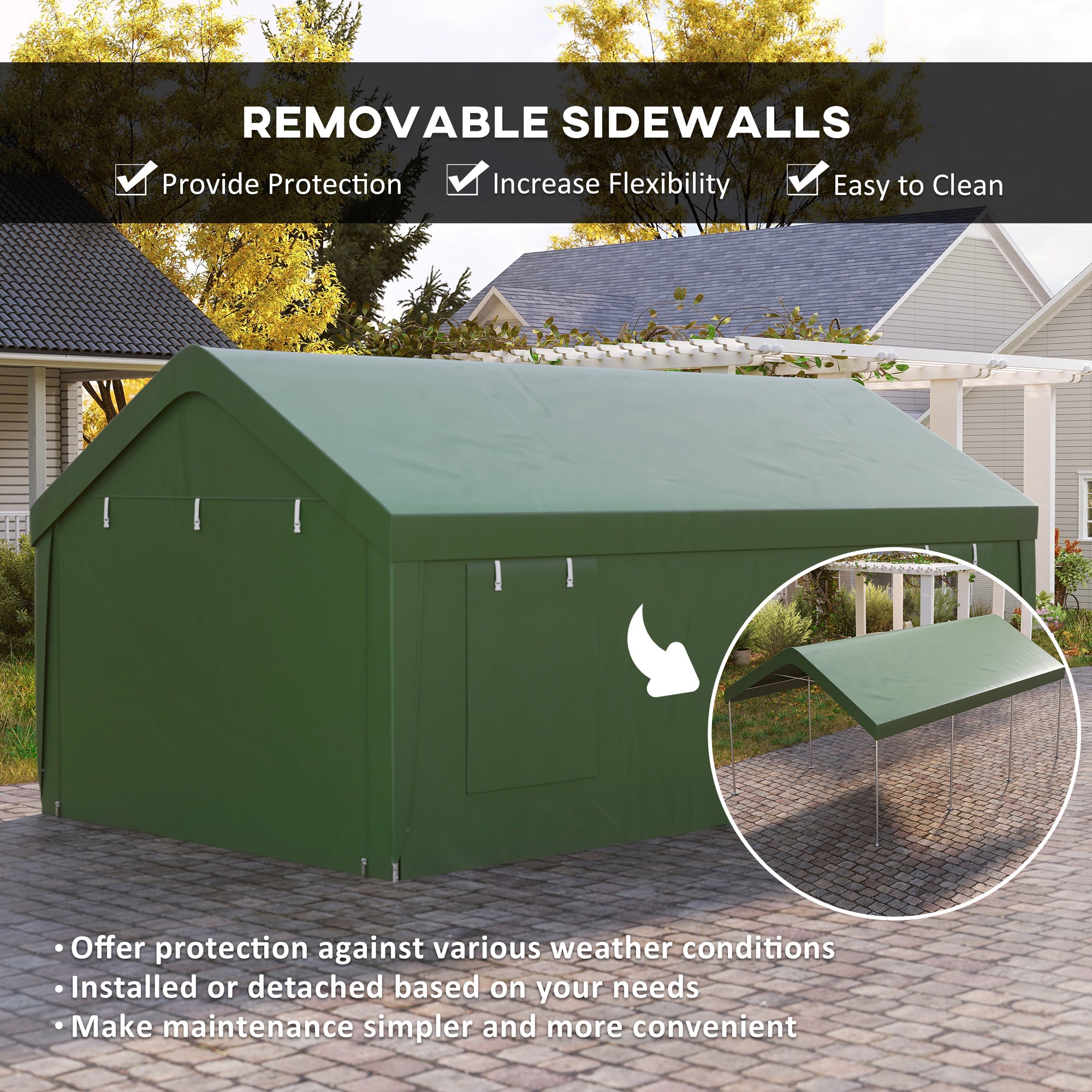 Outsunny Carport, 12 x 20ft Portable Garage with 2 Roll-Up Doors and 4 Windows, Heavy Duty Outdoor Car Shelter with Removable Sidewalls for Car, Truck, Garden Tools, Dark Green