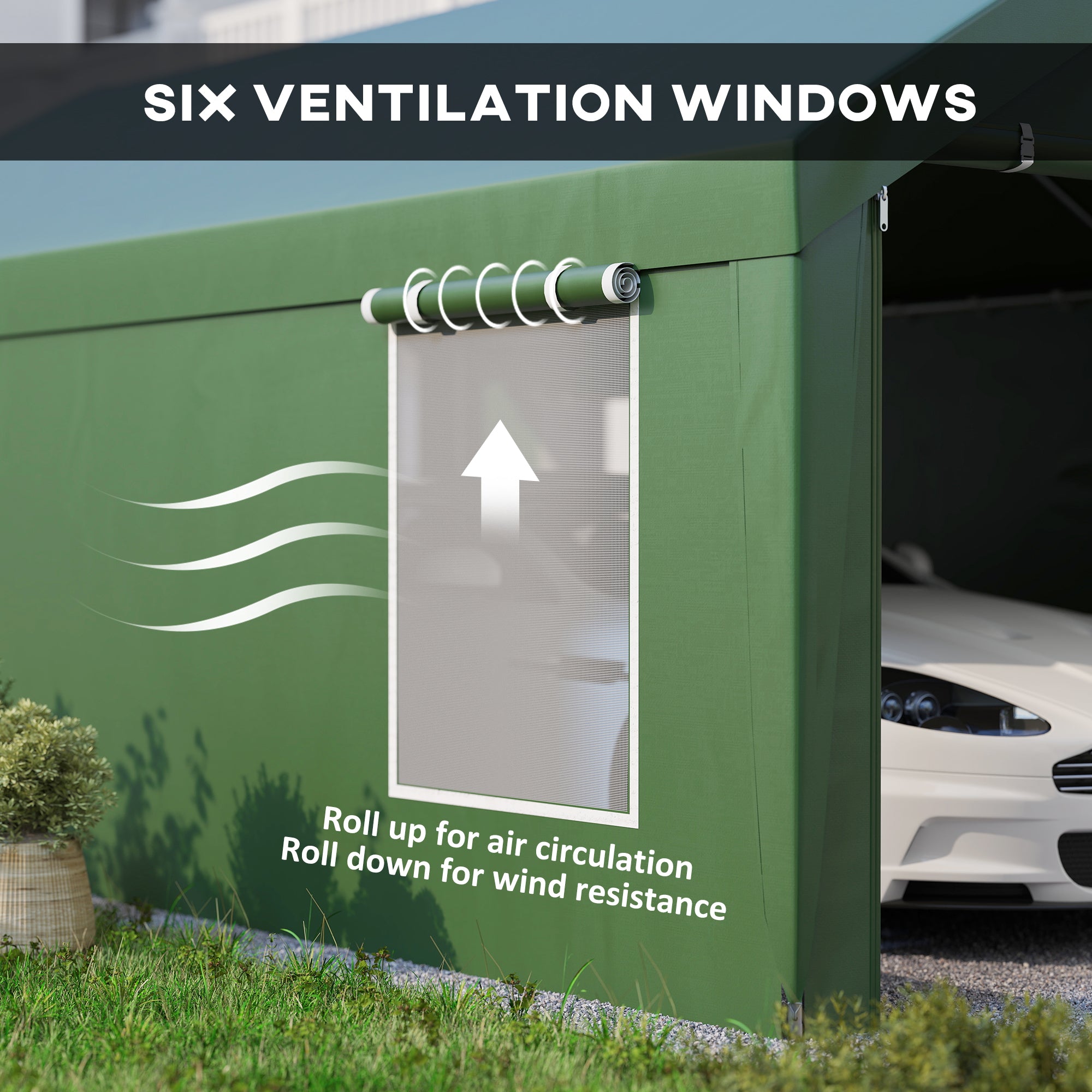 Outsunny Carport, 12 x 20ft Portable Garage with 2 Roll-Up Doors and 4 Windows, Heavy Duty Outdoor Car Shelter with Removable Sidewalls for Car, Truck, Garden Tools, Dark Green