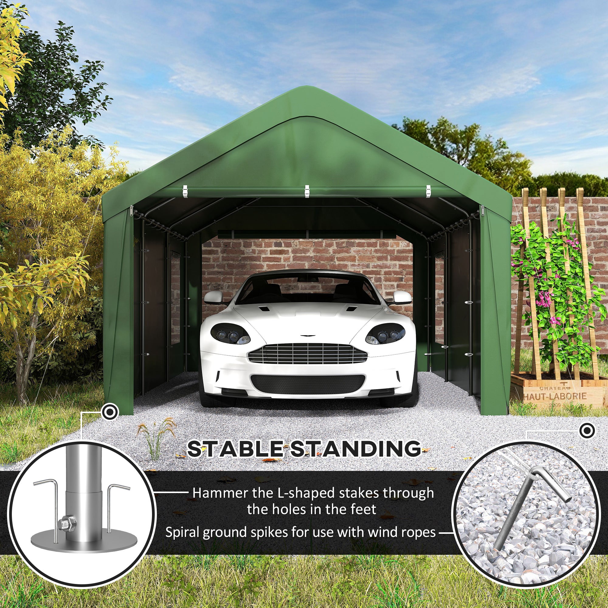 Outsunny Carport, 12 x 20ft Portable Garage with 2 Roll-Up Doors and 4 Windows, Heavy Duty Outdoor Car Shelter with Removable Sidewalls for Car, Truck, Garden Tools, Dark Green