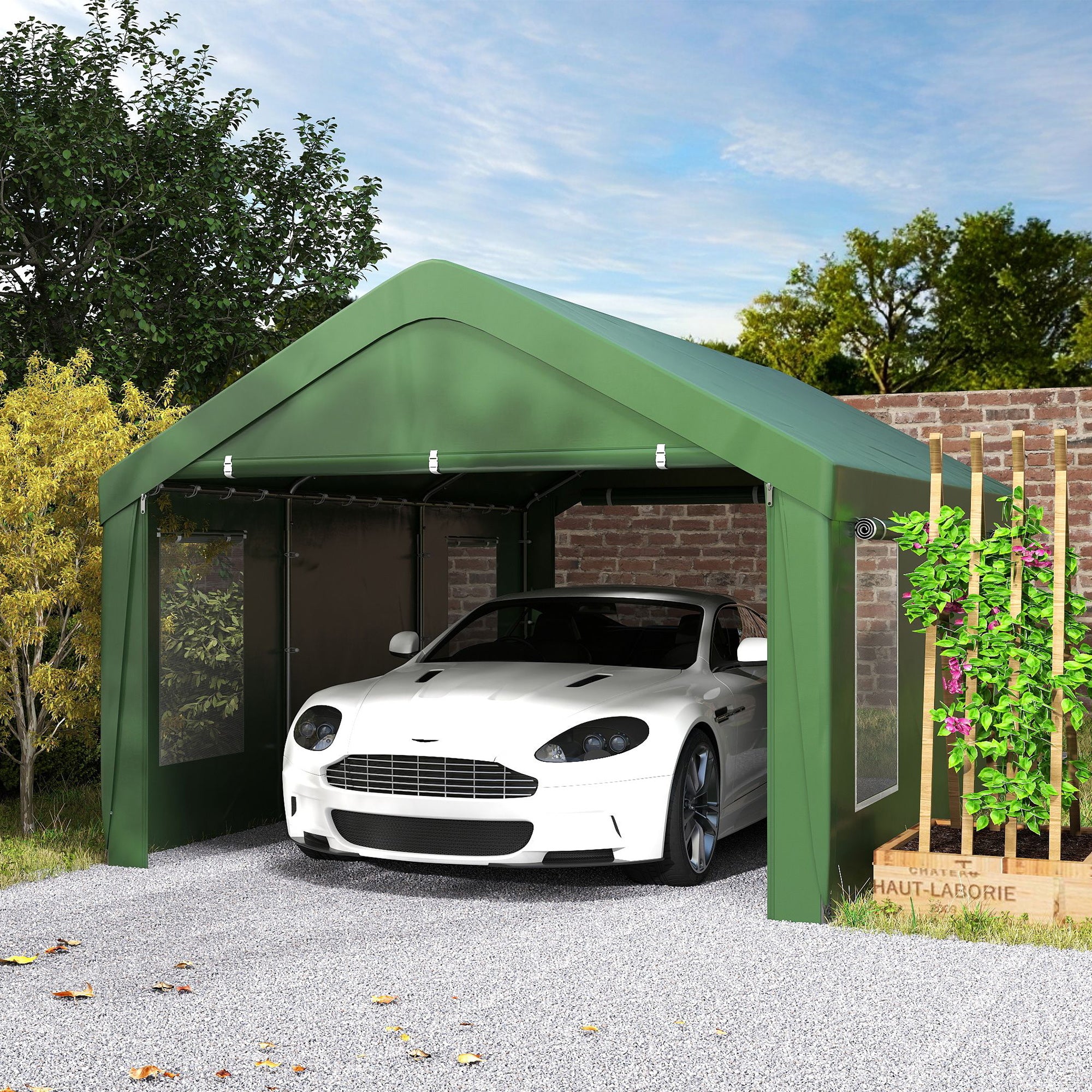 Outsunny Carport, 12 x 20ft Portable Garage with 2 Roll-Up Doors and 4 Windows, Heavy Duty Outdoor Car Shelter with Removable Sidewalls for Car, Truck, Garden Tools, Dark Green