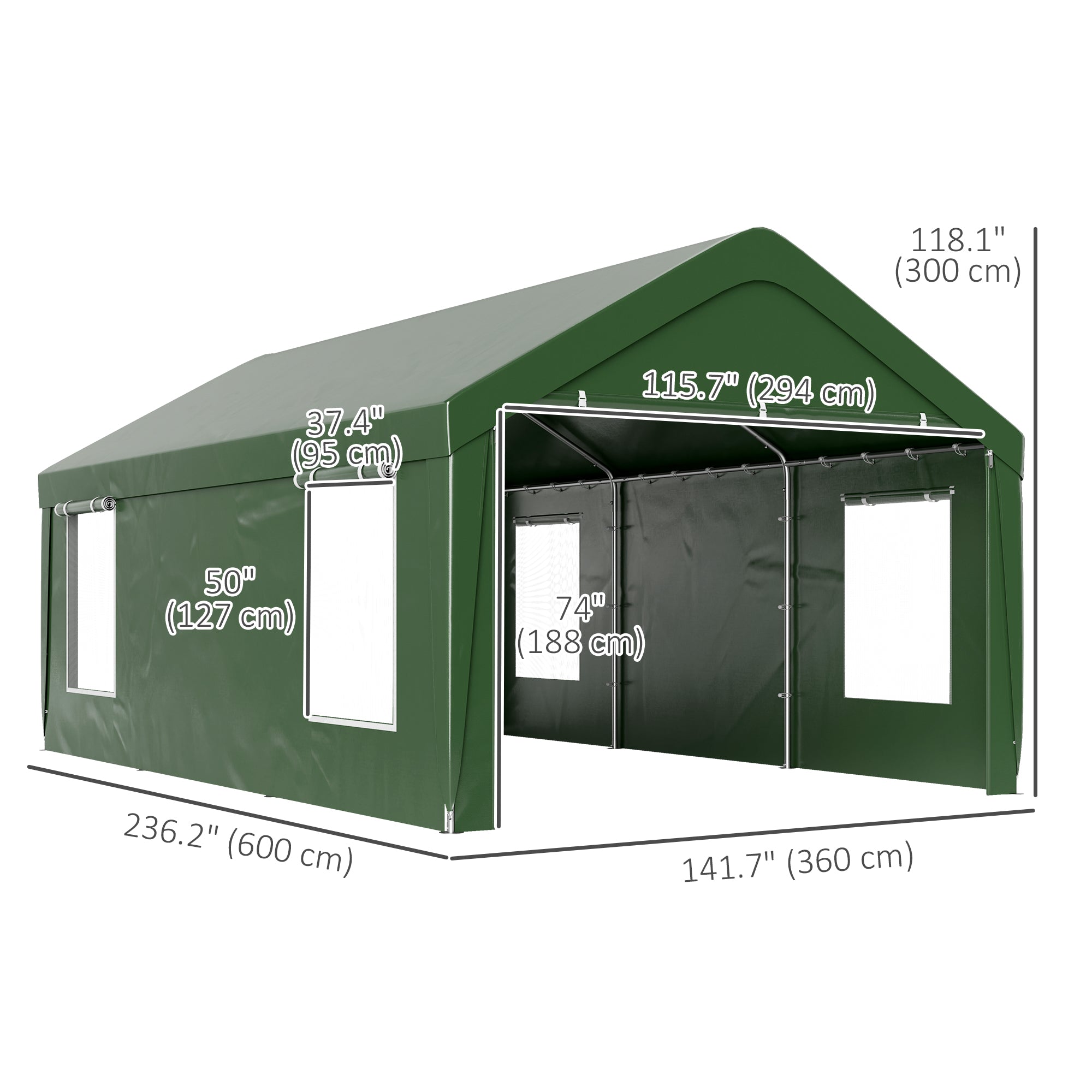 Outsunny Carport, 12 x 20ft Portable Garage with 2 Roll-Up Doors and 4 Windows, Heavy Duty Outdoor Car Shelter with Removable Sidewalls for Car, Truck, Garden Tools, Dark Green