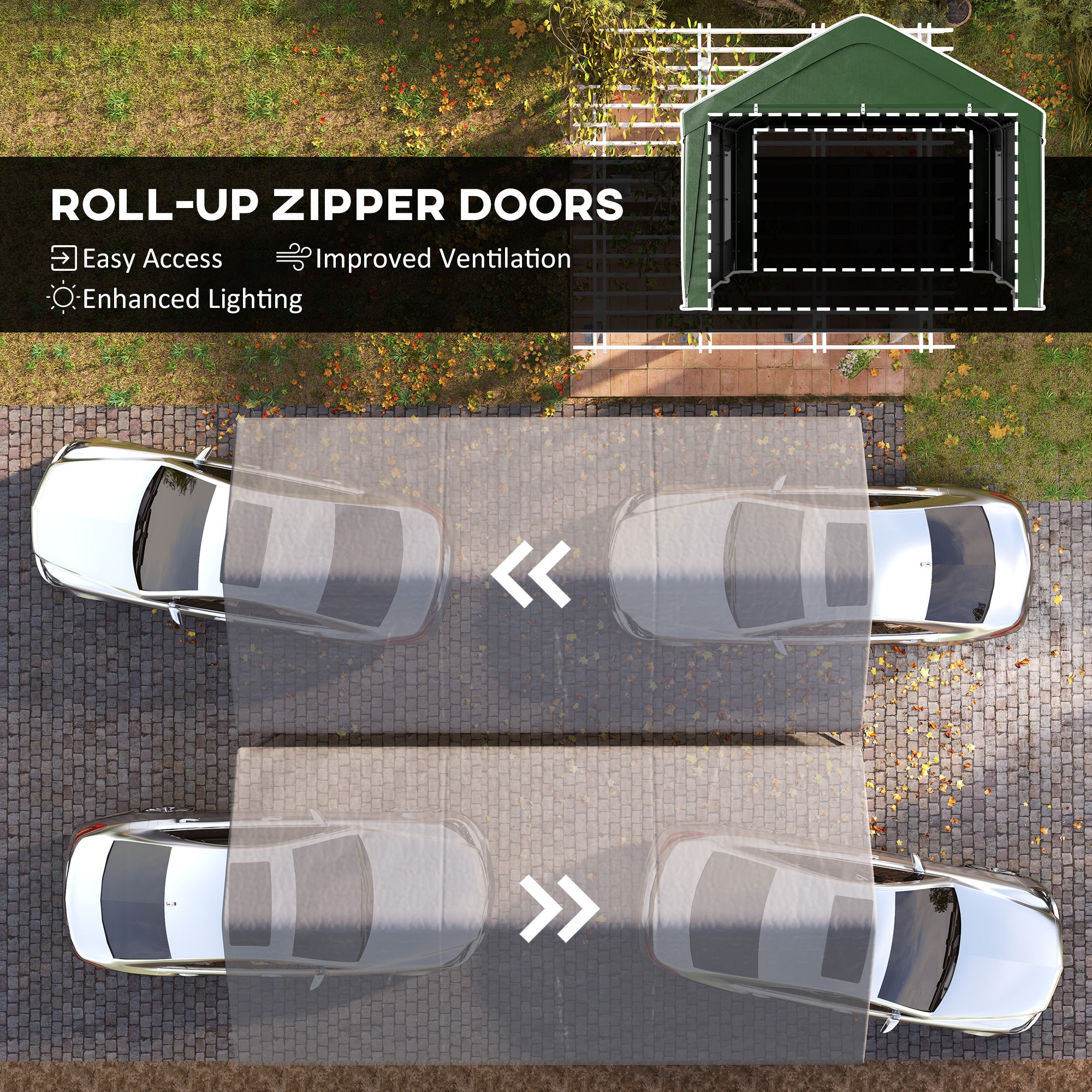 Outsunny Carport, 12 x 20ft Portable Garage with 2 Roll-Up Doors and 4 Windows, Heavy Duty Outdoor Car Shelter with Removable Sidewalls for Car, Truck, Garden Tools, Dark Green