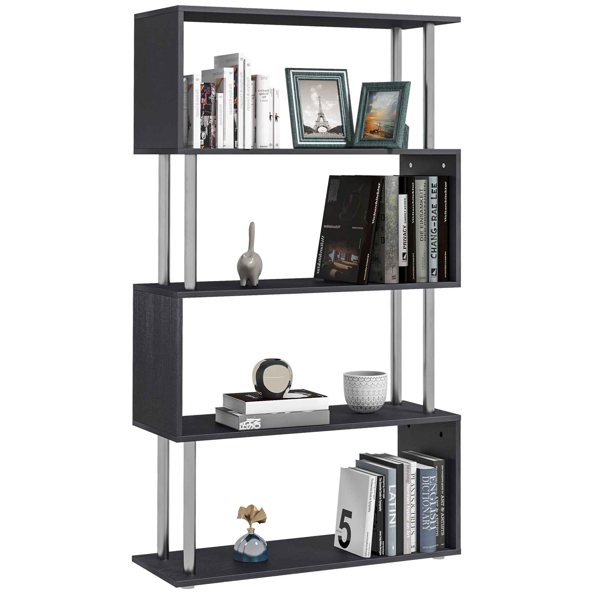 HOMCOM 5-Tiers Geometric Wooden Bookcase S-Shaped Storage Bookshelf Display with Metal Frame for Living Room, Bedroom, Home Office, Black