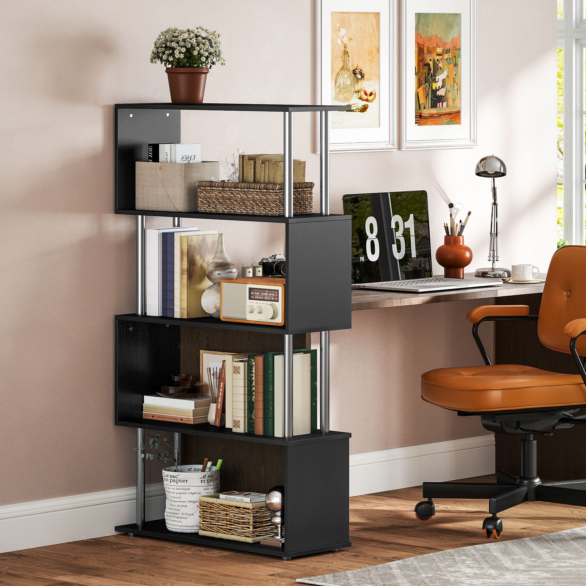 HOMCOM 5-Tiers Geometric Wooden Bookcase S-Shaped Storage Bookshelf Display with Metal Frame for Living Room, Bedroom, Home Office, Black