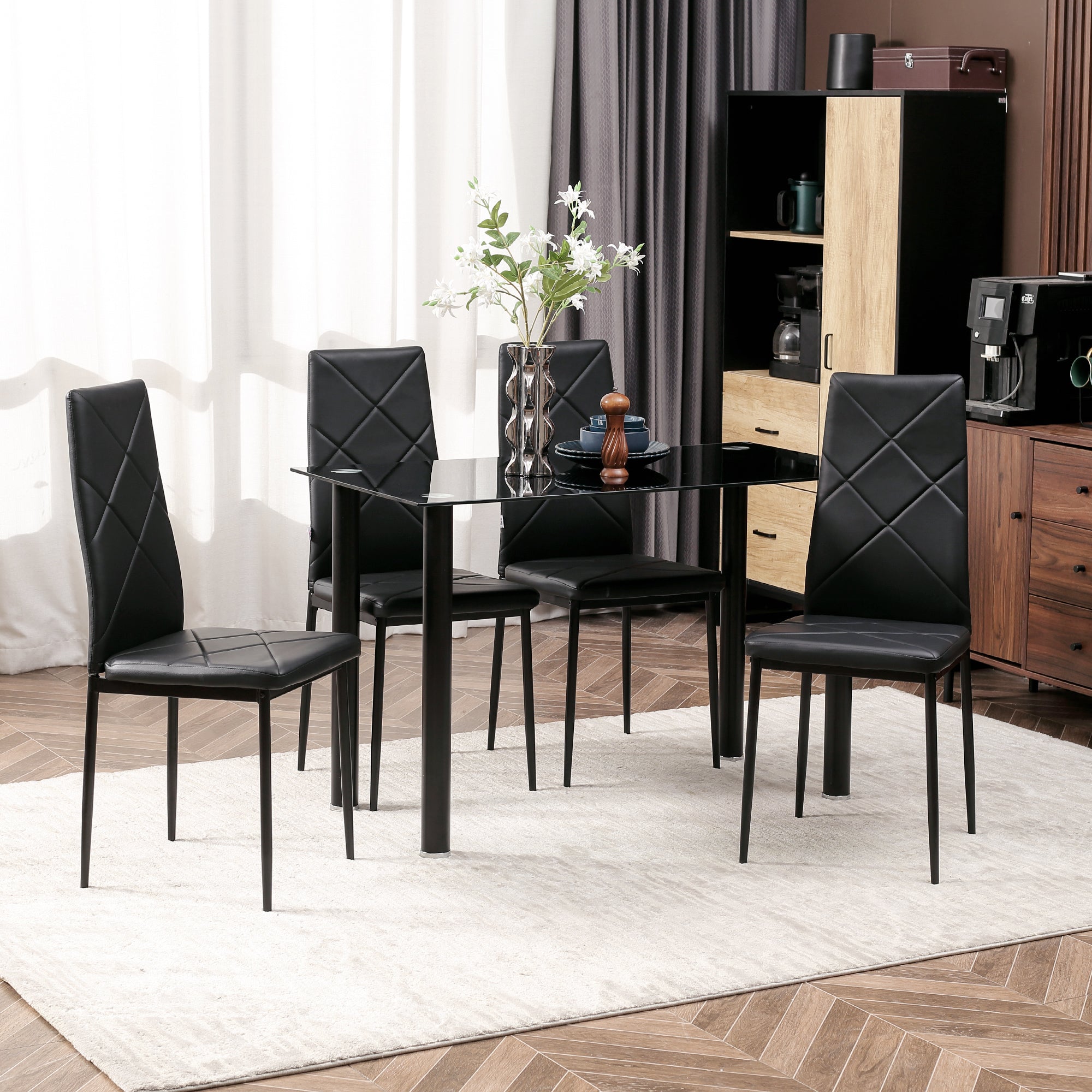 HOMCOM Modern Dining Table Set for 4, Space-Saving 5 Pieces Kitchen Table Set with PU Leather Upholstered Chairs, Glass Table Top and Steel Frame, Black