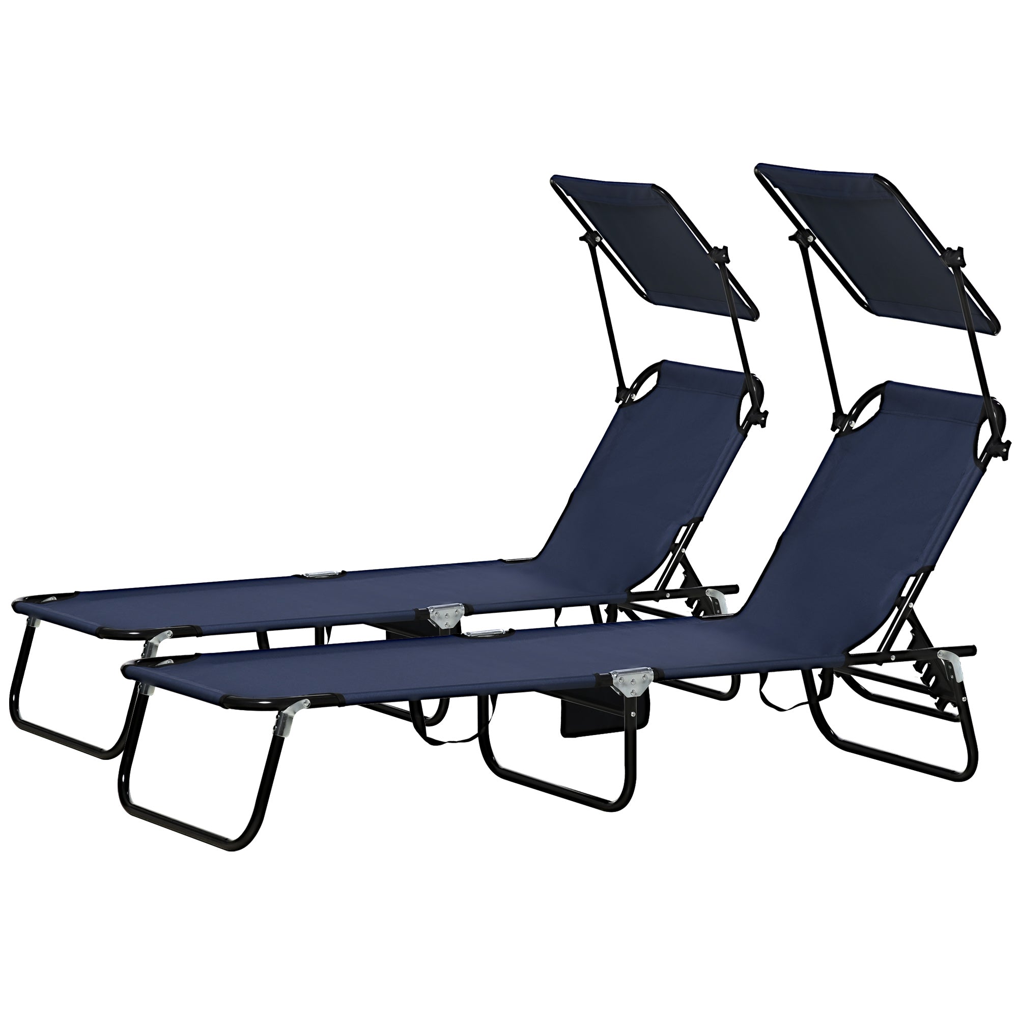 Outsunny Set of 2 Folding Outdoor Chaise Lounge Chairs, Pool, Sun, Tanning Chairs with 5-Level Reclining Backrest, Sunshade, Steel Frame for Beach, Yard, Patio, Dark Blue