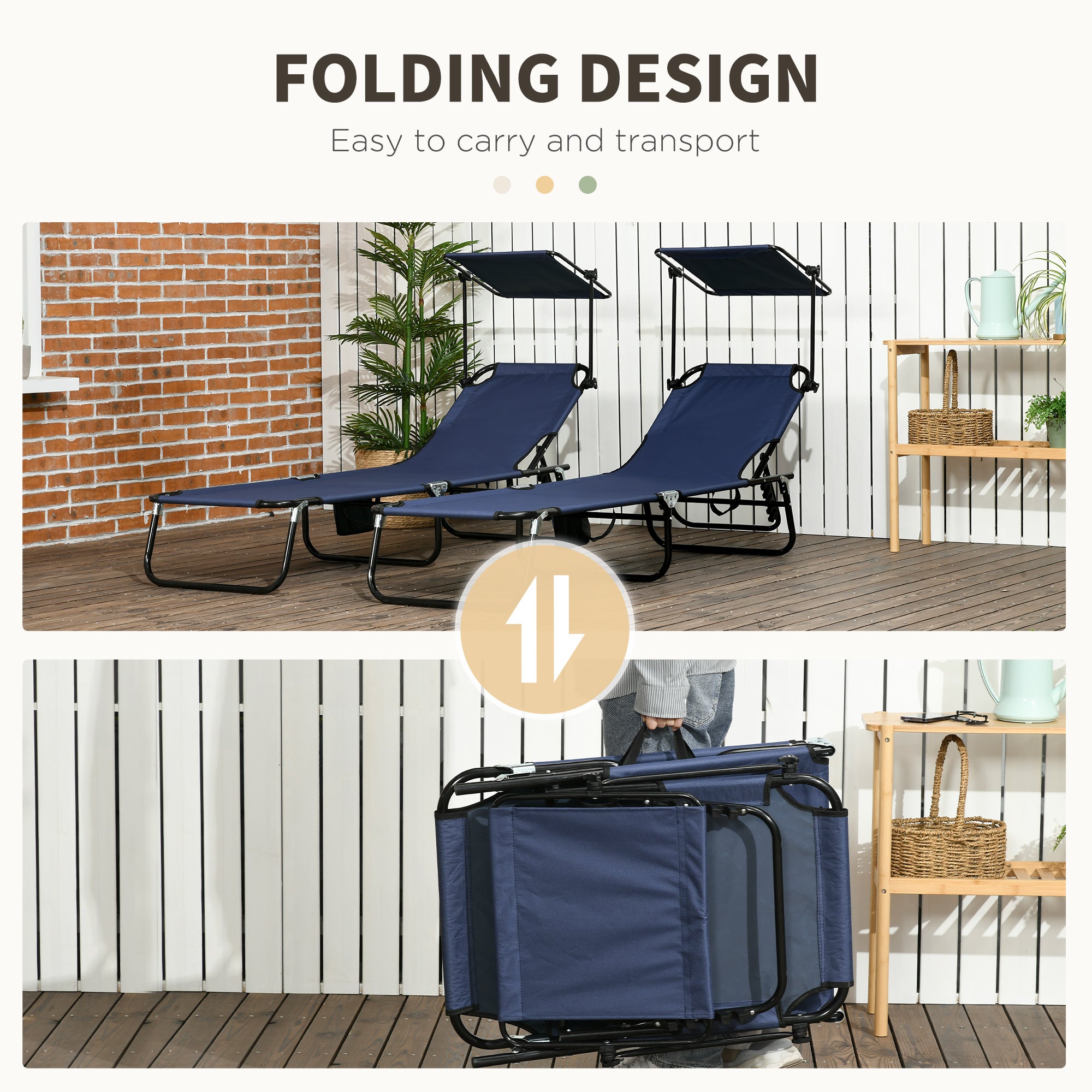Outsunny Set of 2 Folding Outdoor Chaise Lounge Chairs, Pool, Sun, Tanning Chairs with 5-Level Reclining Backrest, Sunshade, Steel Frame for Beach, Yard, Patio, Dark Blue