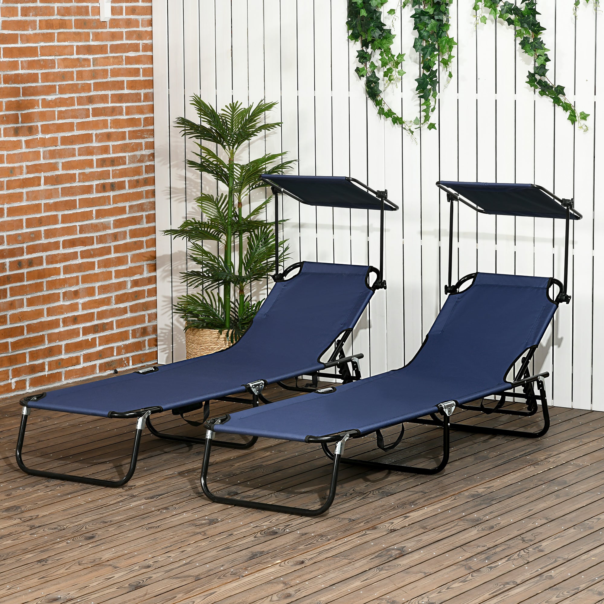 Outsunny Set of 2 Folding Outdoor Chaise Lounge Chairs, Pool, Sun, Tanning Chairs with 5-Level Reclining Backrest, Sunshade, Steel Frame for Beach, Yard, Patio, Dark Blue