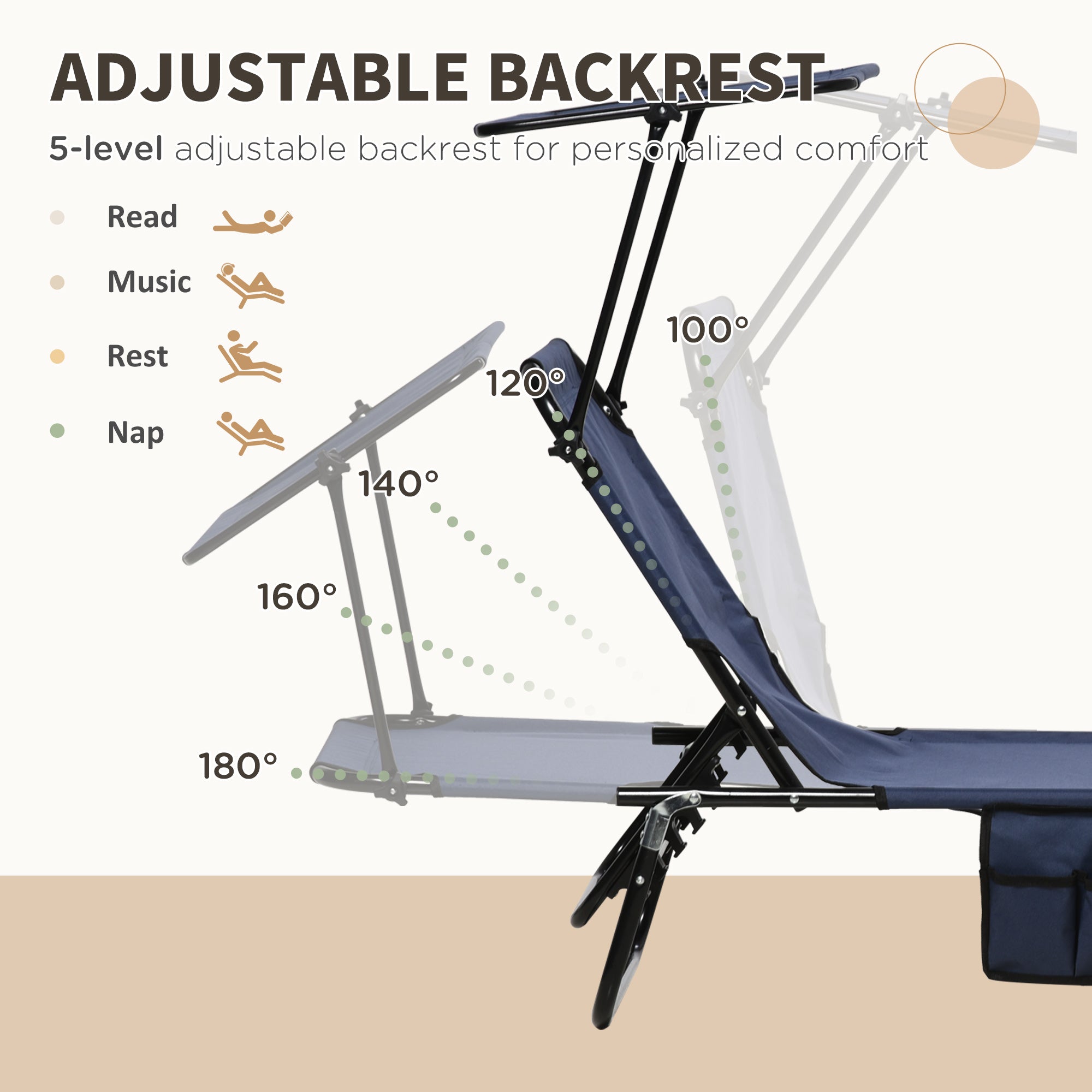 Outsunny Set of 2 Folding Outdoor Chaise Lounge Chairs, Pool, Sun, Tanning Chairs with 5-Level Reclining Backrest, Sunshade, Steel Frame for Beach, Yard, Patio, Dark Blue