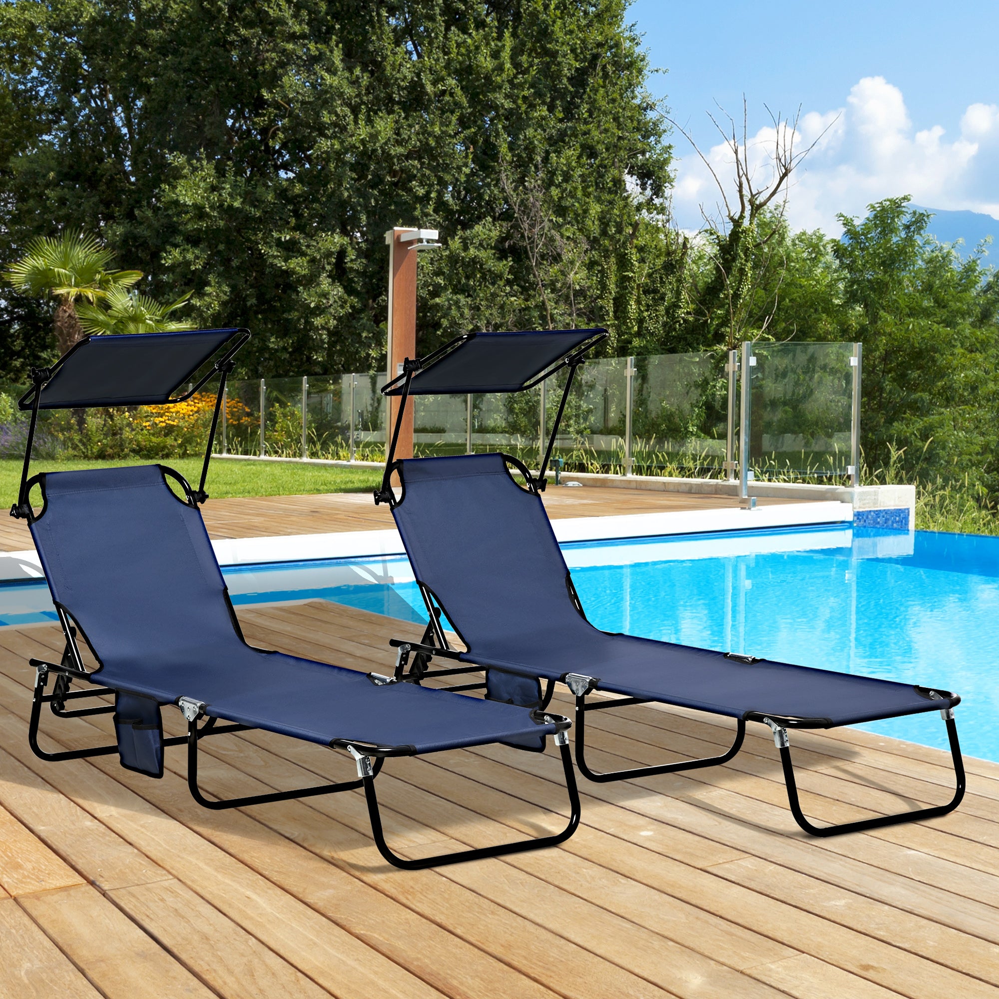 Outsunny Set of 2 Folding Outdoor Chaise Lounge Chairs, Pool, Sun, Tanning Chairs with 5-Level Reclining Backrest, Sunshade, Steel Frame for Beach, Yard, Patio, Dark Blue
