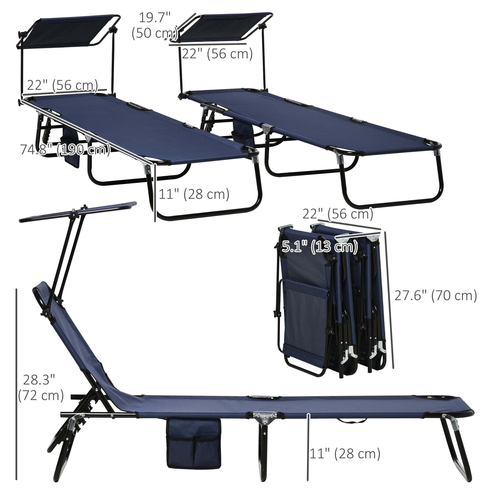 Outsunny Set of 2 Folding Outdoor Chaise Lounge Chairs, Pool, Sun, Tanning Chairs with 5-Level Reclining Backrest, Sunshade, Steel Frame for Beach, Yard, Patio, Dark Blue