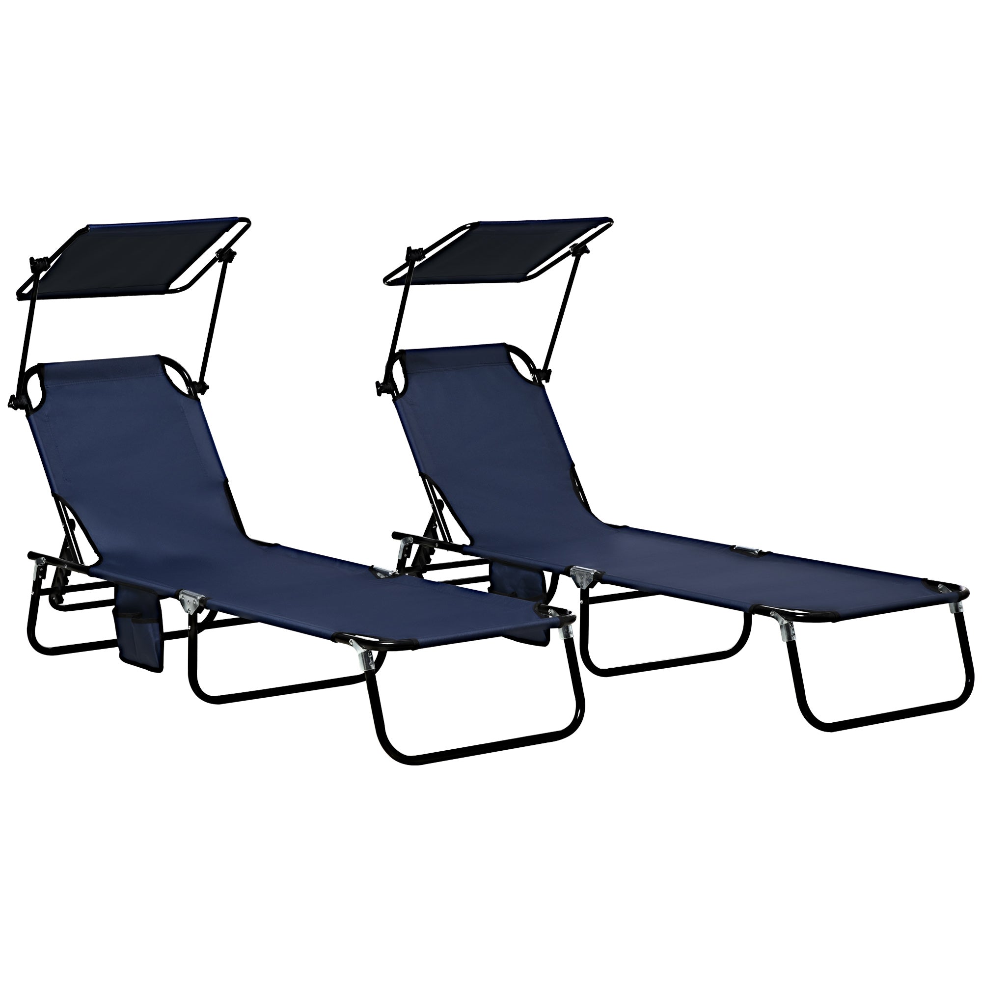 Outsunny Set of 2 Folding Outdoor Chaise Lounge Chairs, Pool, Sun, Tanning Chairs with 5-Level Reclining Backrest, Sunshade, Steel Frame for Beach, Yard, Patio, Dark Blue