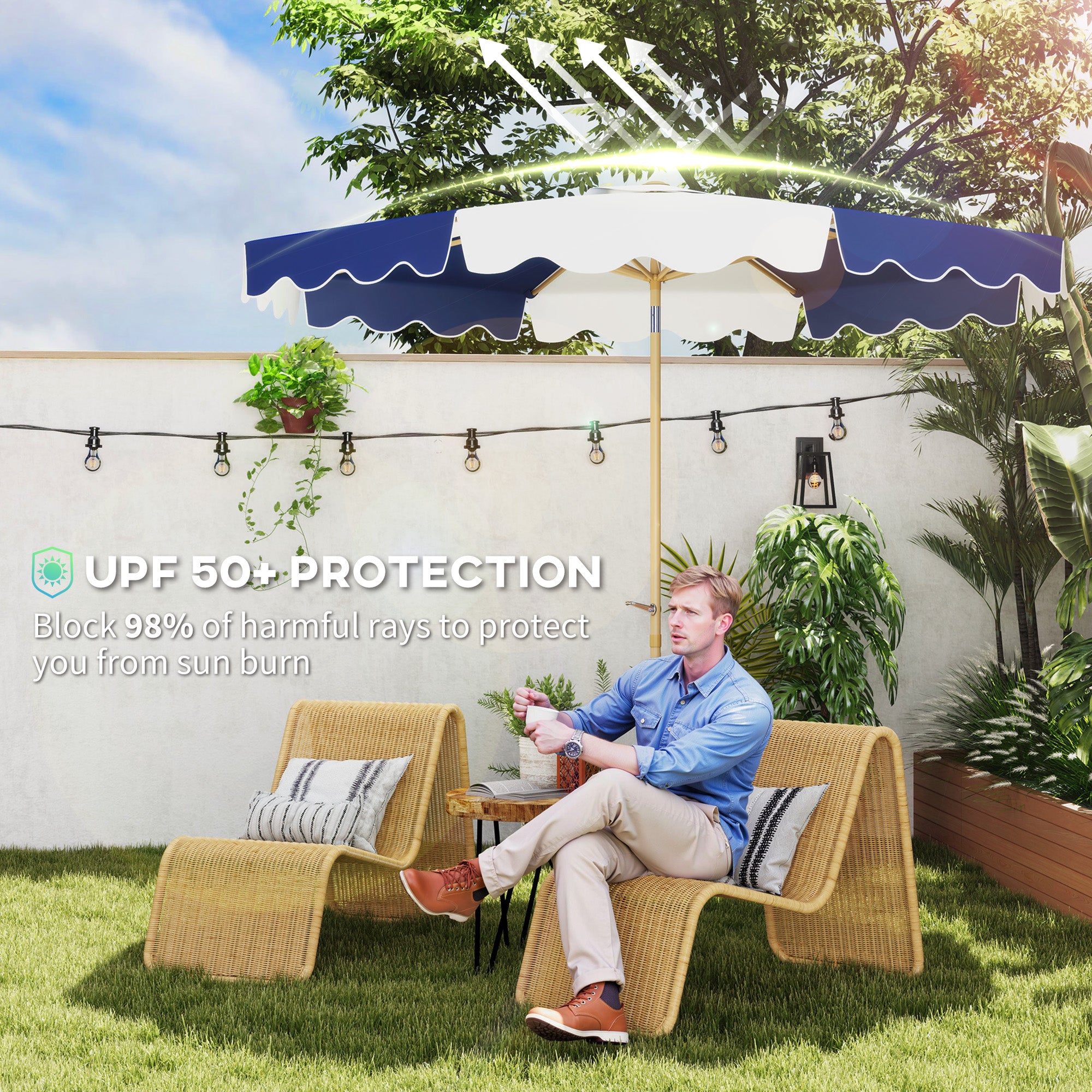 Outsunny 9FT Patio Umbrella, 45° Tilting Parasol with 8 Ribs, Crank & Air Vent, UPF 50+ Outdoor Umbrella for Garden, Deck, Poolside, Mixed Colour