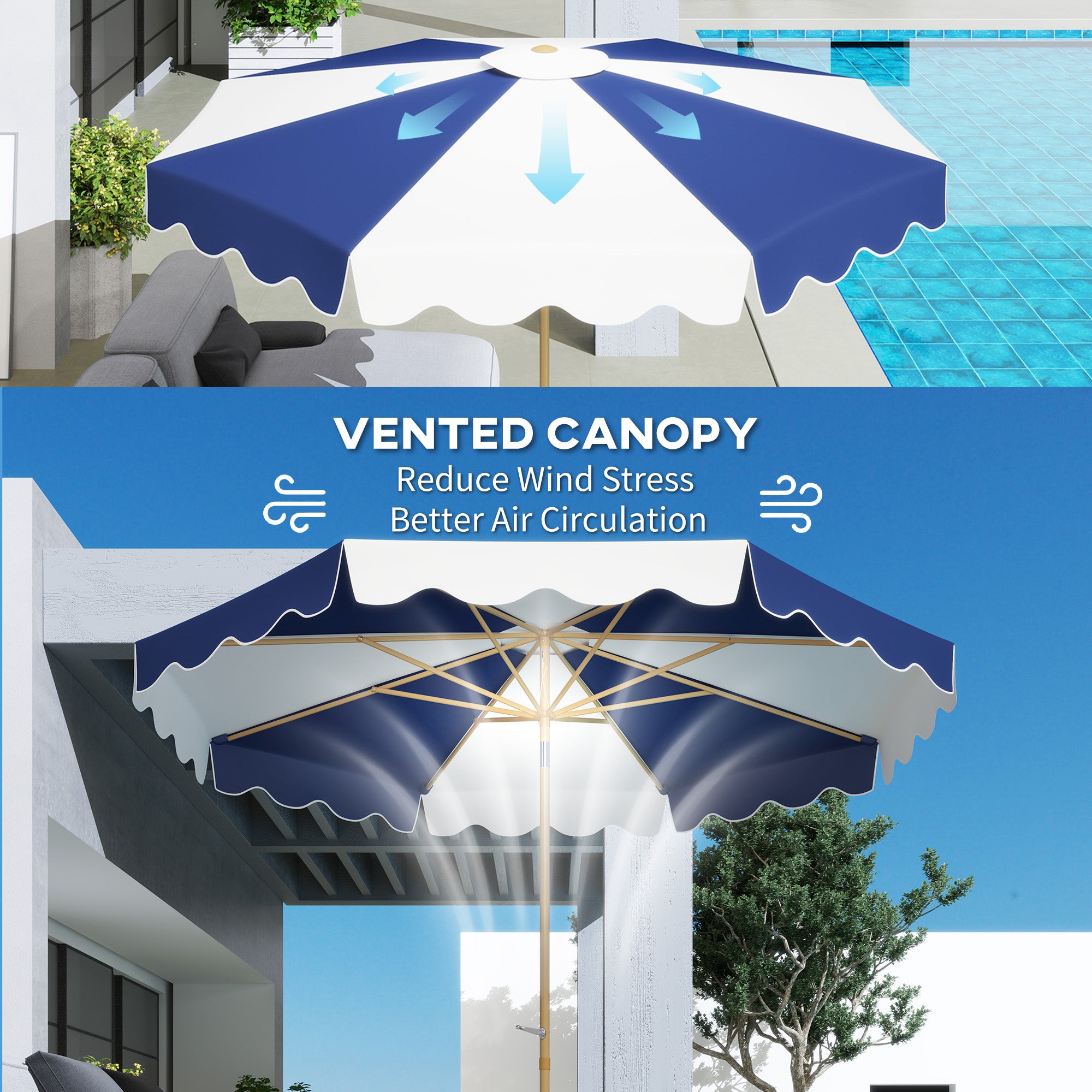 Outsunny 9FT Patio Umbrella, 45° Tilting Parasol with 8 Ribs, Crank & Air Vent, UPF 50+ Outdoor Umbrella for Garden, Deck, Poolside, Mixed Colour
