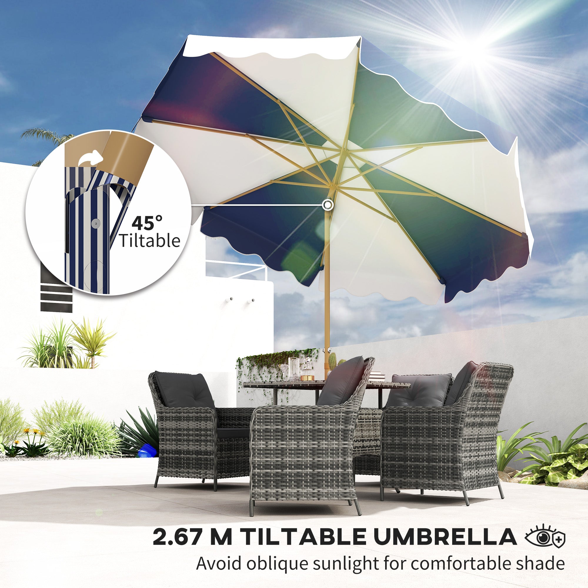 Outsunny 9FT Patio Umbrella, 45° Tilting Parasol with 8 Ribs, Crank & Air Vent, UPF 50+ Outdoor Umbrella for Garden, Deck, Poolside, Mixed Colour
