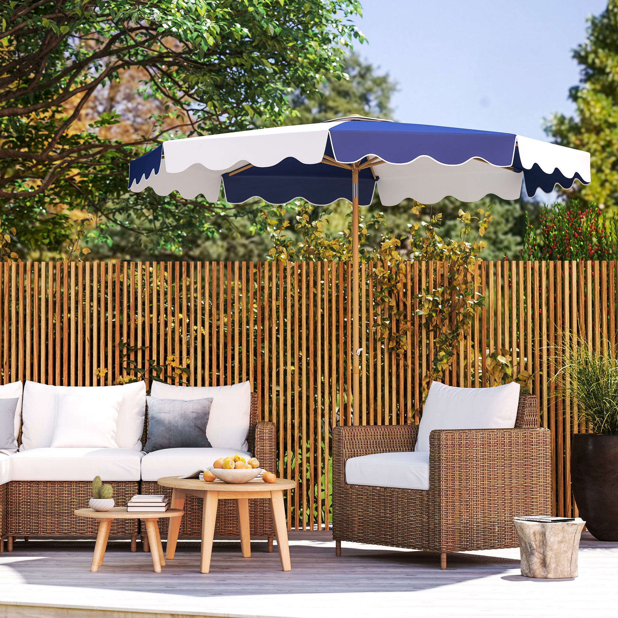Outsunny 9FT Patio Umbrella, 45° Tilting Parasol with 8 Ribs, Crank & Air Vent, UPF 50+ Outdoor Umbrella for Garden, Deck, Poolside, Mixed Colour