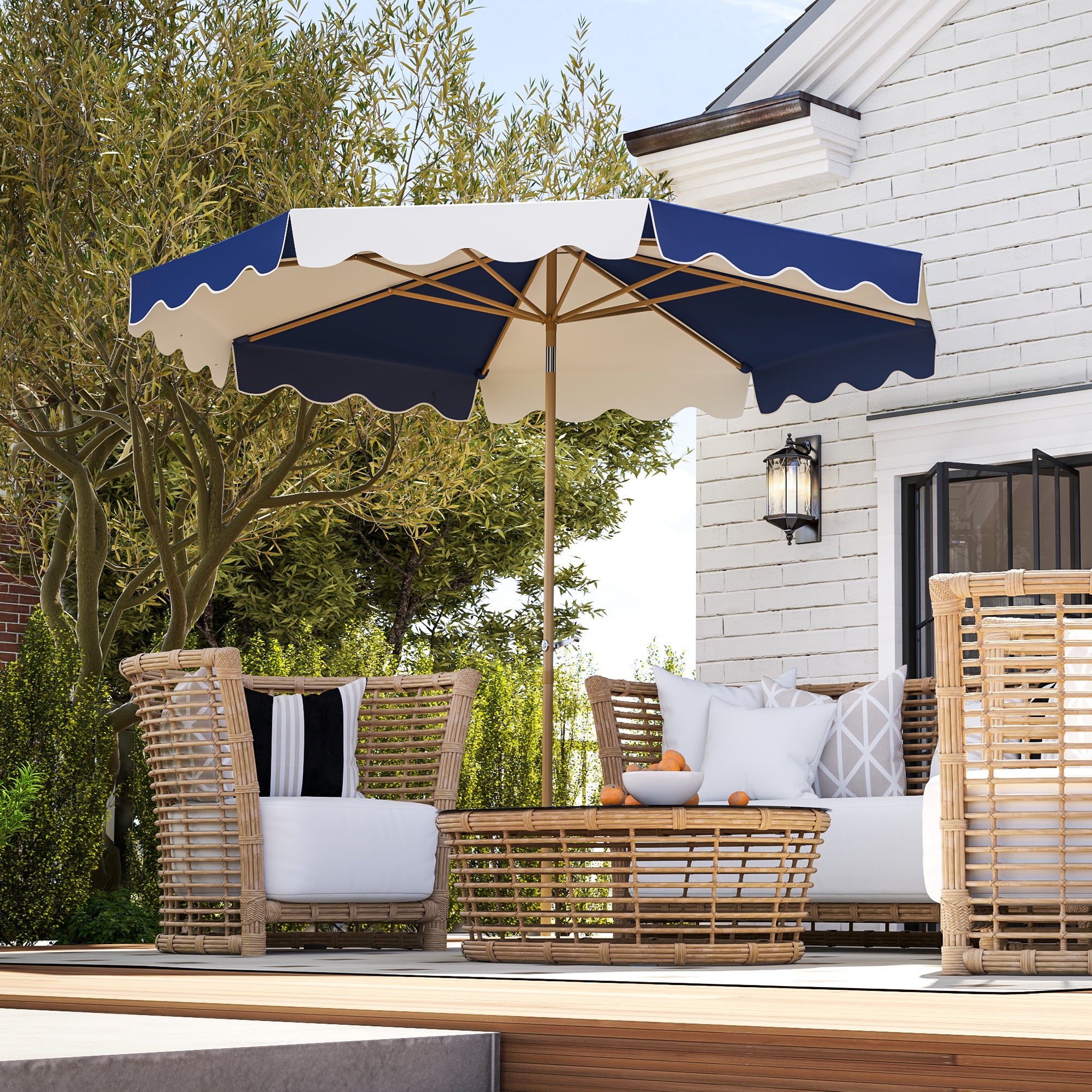 Outsunny 9FT Patio Umbrella, 45° Tilting Parasol with 8 Ribs, Crank & Air Vent, UPF 50+ Outdoor Umbrella for Garden, Deck, Poolside, Mixed Colour