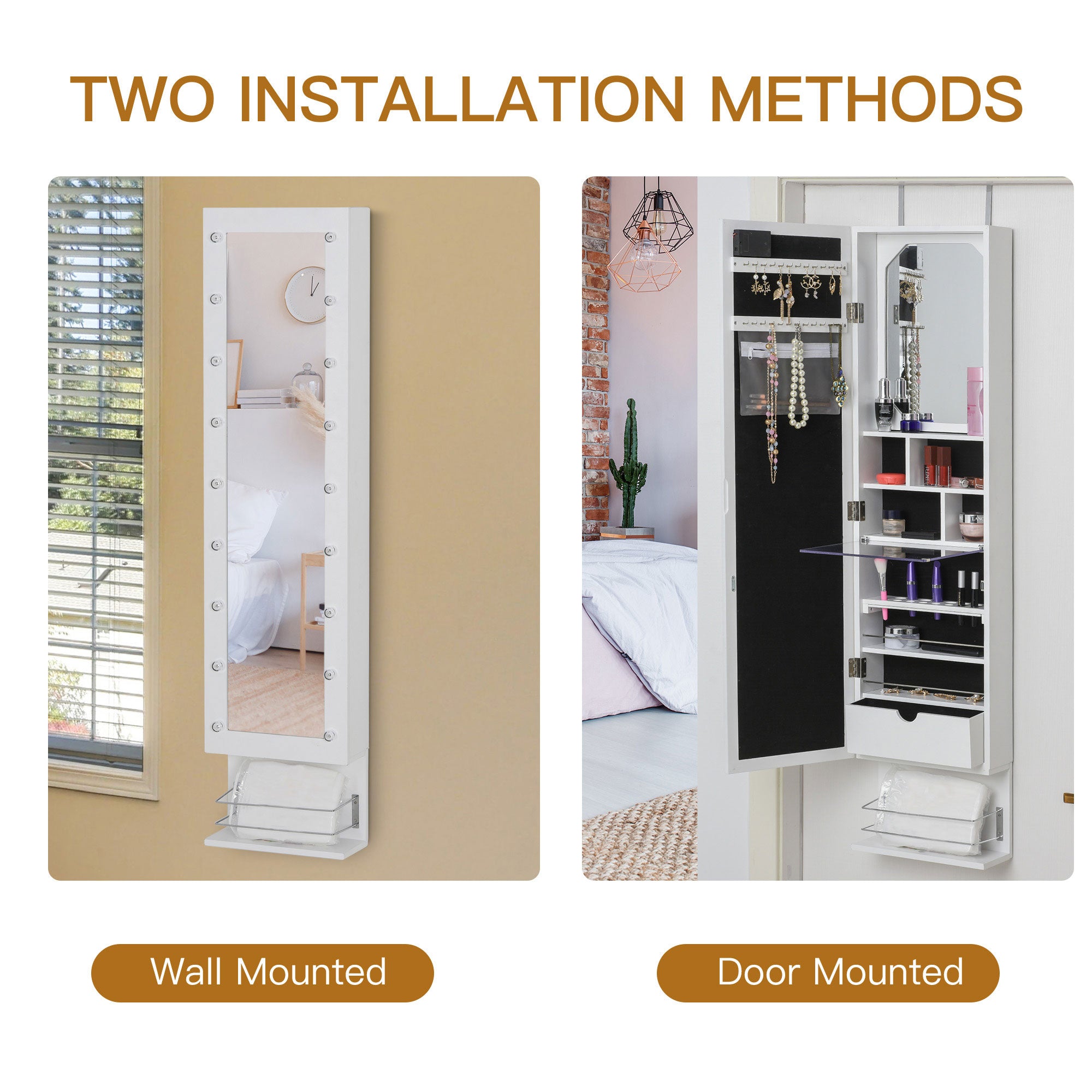 HOMCOM Jewelry Armoire with Mirror, Jewelry Cabinet with 18 LED Lights, Wall-Mounted and Over-The-Door Cabinet with 3 Mountable Heights, Drawer and Open Shelf, White