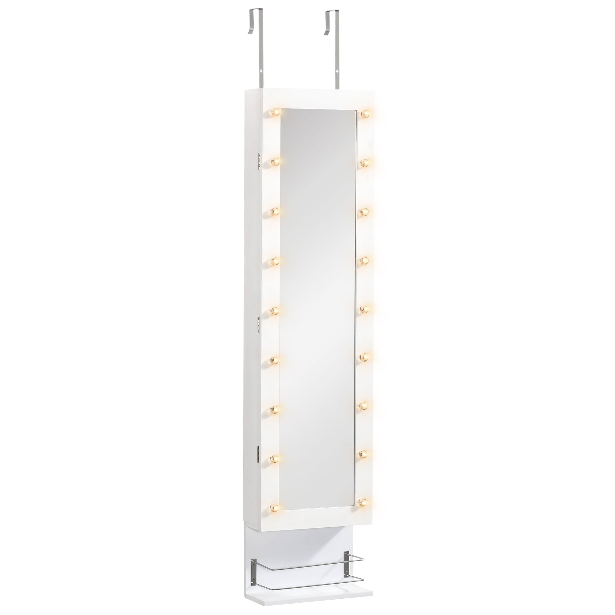 HOMCOM Jewelry Armoire with Mirror, Jewelry Cabinet with 18 LED Lights, Wall-Mounted and Over-The-Door Cabinet with 3 Mountable Heights, Drawer and Open Shelf, White