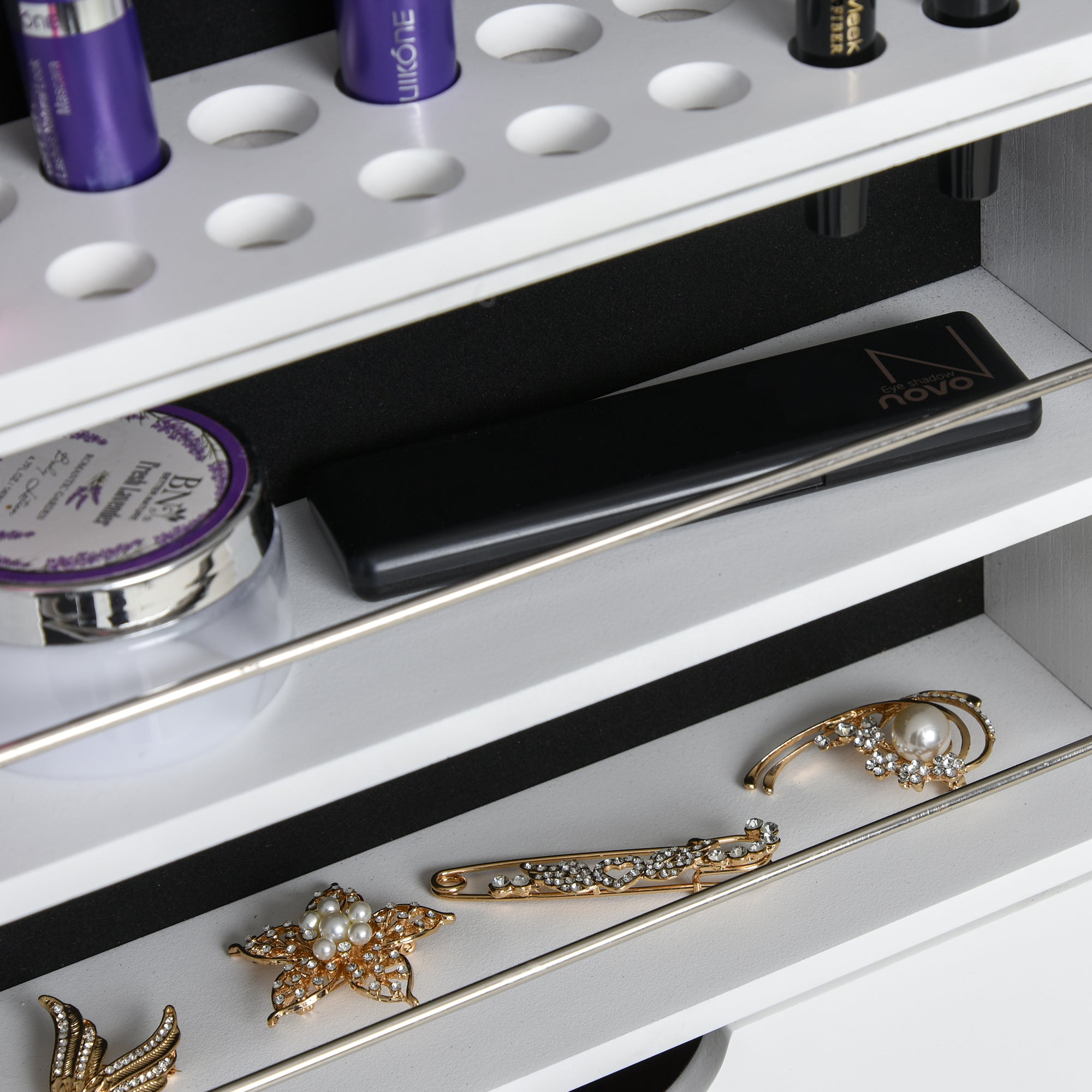HOMCOM Jewelry Armoire with Mirror, Jewelry Cabinet with 18 LED Lights, Wall-Mounted and Over-The-Door Cabinet with 3 Mountable Heights, Drawer and Open Shelf, White