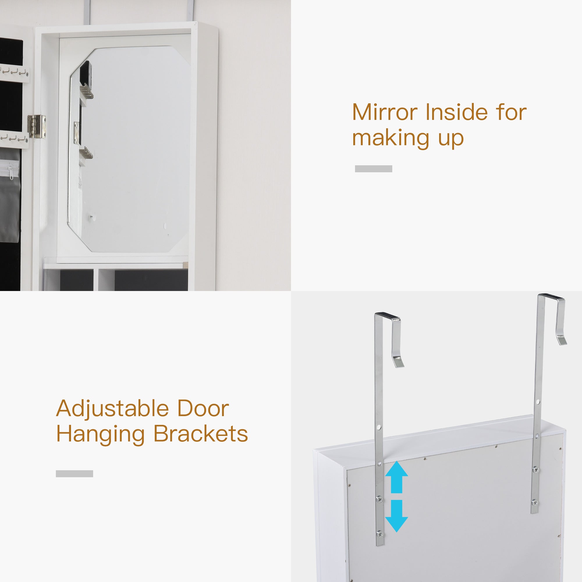 HOMCOM Jewelry Armoire with Mirror, Jewelry Cabinet with 18 LED Lights, Wall-Mounted and Over-The-Door Cabinet with 3 Mountable Heights, Drawer and Open Shelf, White