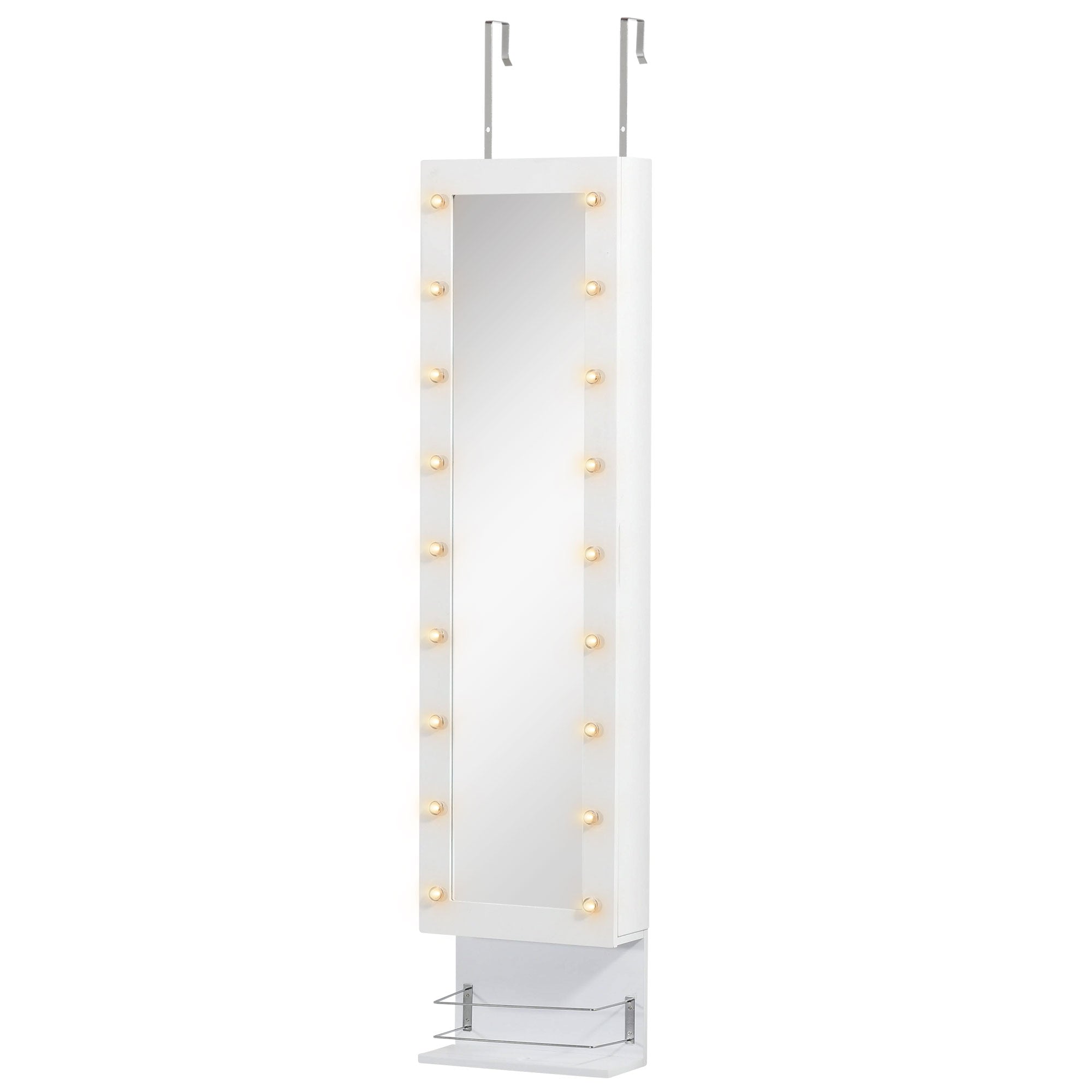 HOMCOM Jewelry Armoire with Mirror, Jewelry Cabinet with 18 LED Lights, Wall-Mounted and Over-The-Door Cabinet with 3 Mountable Heights, Drawer and Open Shelf, White