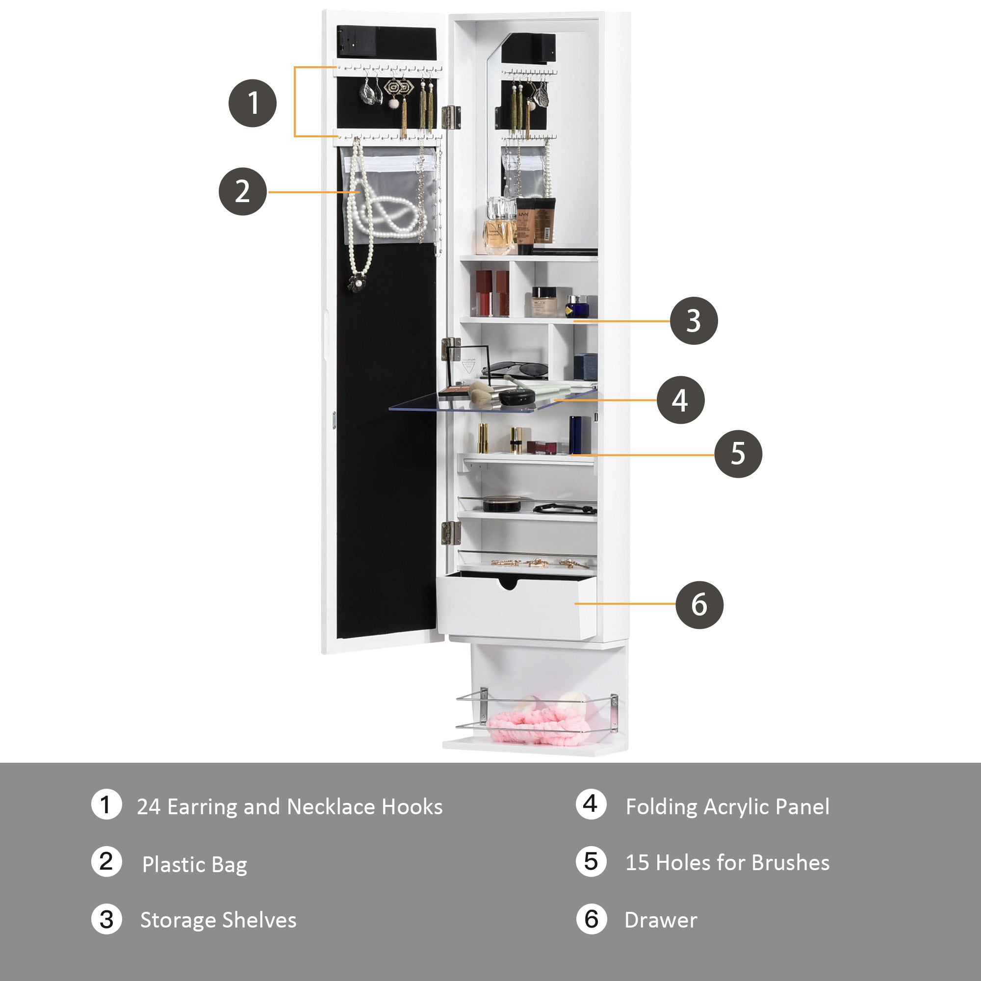 HOMCOM Jewelry Armoire with Mirror, Jewelry Cabinet with 18 LED Lights, Wall-Mounted and Over-The-Door Cabinet with 3 Mountable Heights, Drawer and Open Shelf, White