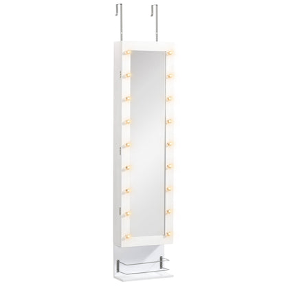 HOMCOM Jewelry Armoire with Mirror, Jewelry Cabinet with 18 LED Lights, Wall-Mounted and Over-The-Door Cabinet with 3 Mountable Heights, Drawer and Open Shelf, White
