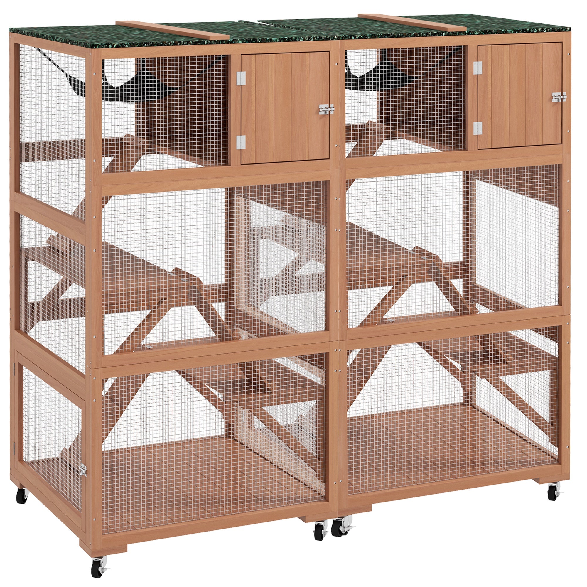PawHut 2 Piece Catio, Outdoor Cat Enclosure House, Wooden Feral Cat Shelter on Wheels, Cat Cage with Hammocks, Platforms Ramps, and Weather Protection Asphalt Roof, 34", Orange