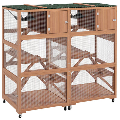 PawHut 2 Piece Catio, Outdoor Cat Enclosure House, Wooden Feral Cat Shelter on Wheels, Cat Cage with Hammocks, Platforms Ramps, and Weather Protection Asphalt Roof, 34", Orange