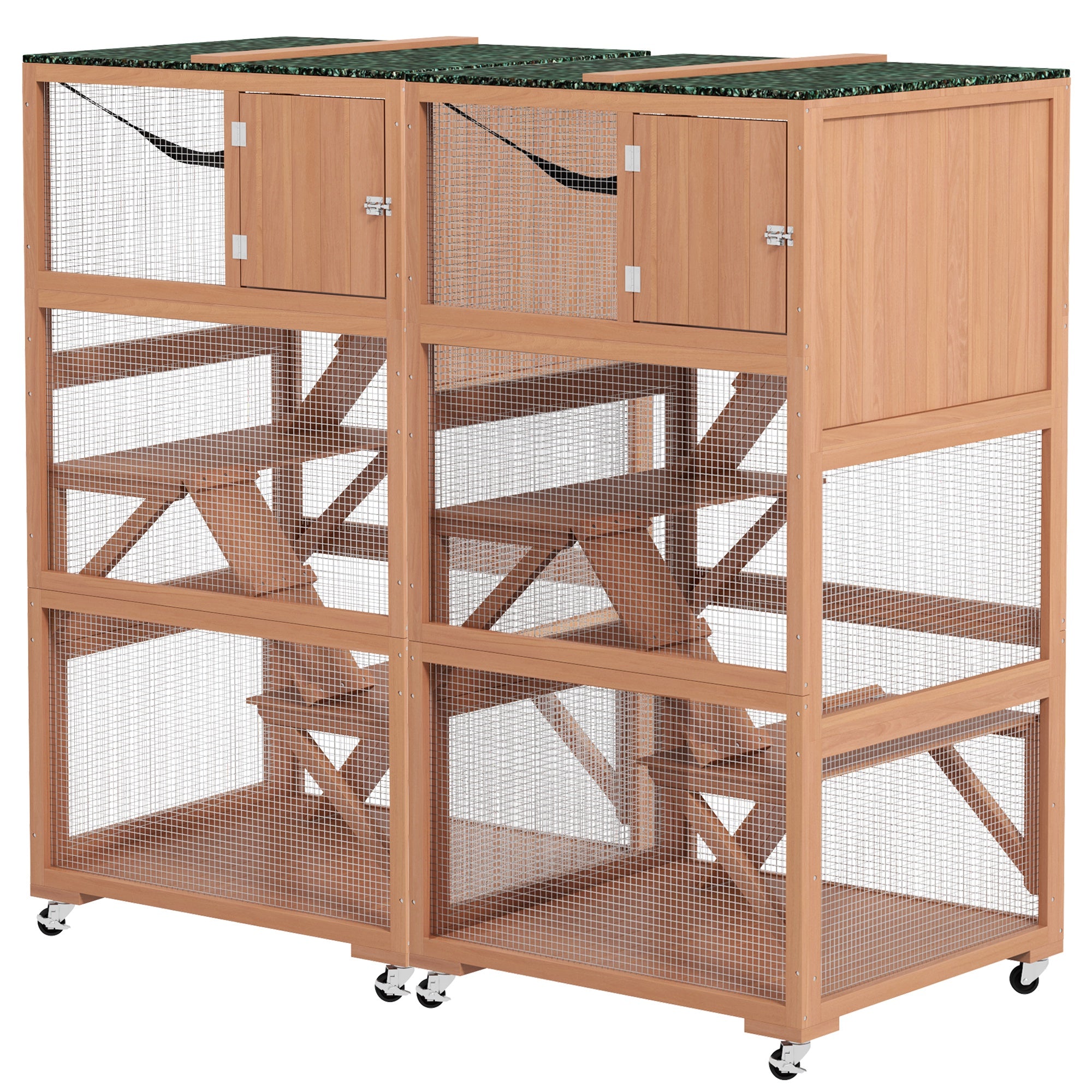 PawHut 2 Piece Catio, Outdoor Cat Enclosure House, Wooden Feral Cat Shelter on Wheels, Cat Cage with Hammocks, Platforms Ramps, and Weather Protection Asphalt Roof, 34", Orange